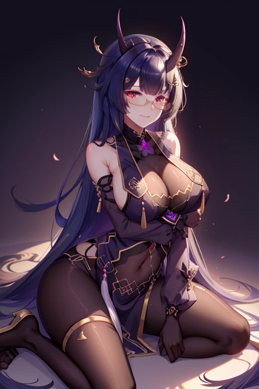 (highly detailed:1.3),
1girl, solo, light smile, horns, full body, wariza, glasses,
wrench_aqueousmei,
Ultra-detail, (highres:1.1), best quality, (masterpiece:1.3), cinematic lighting,
