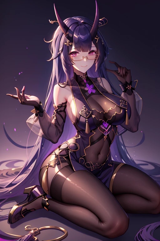 (highly detailed:1.3), 
1girl, solo, light smile, horns, full body, wariza, glasses, 
wrench_aqueousmei, 
Ultra-detail, (highres:1.1), best quality, (masterpiece:1.3), cinematic lighting,