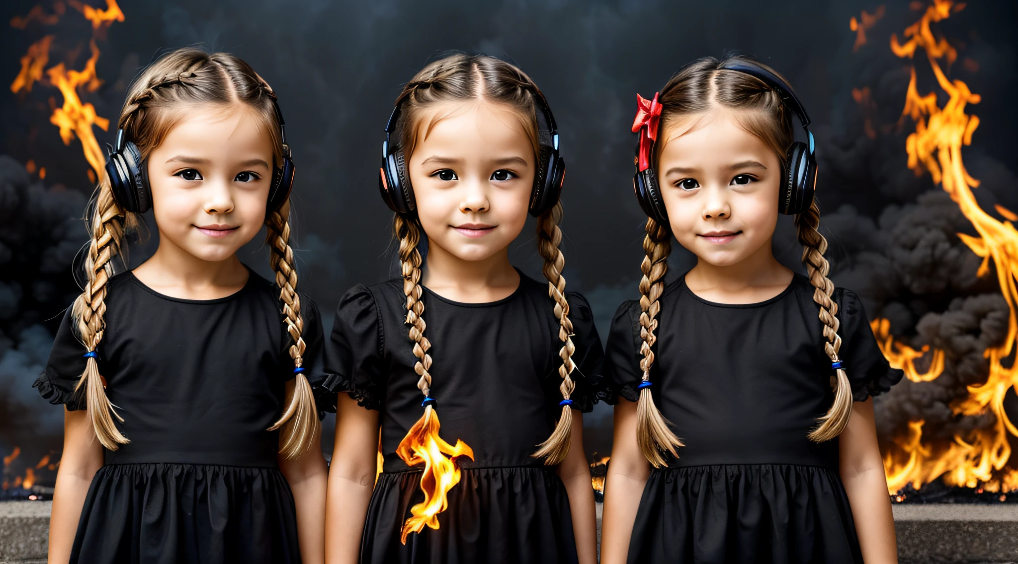 two KIDS BLONDE girls LONG HAIR BRAIDS with bows on their heads and one wearing a BLACK dress, HEADPHONES FIRE AND FIRE. smoke billowing, gemini twins portrait, faixa de cabelo AMARELO,