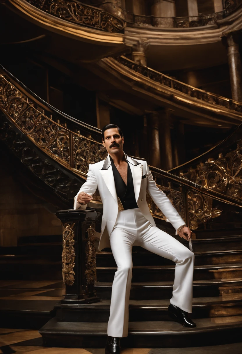 The image is of Freddie Mercury in a stunning black and silver tuxedo, striking a powerful pose on a grand staircase.,original,Freddie Mercury