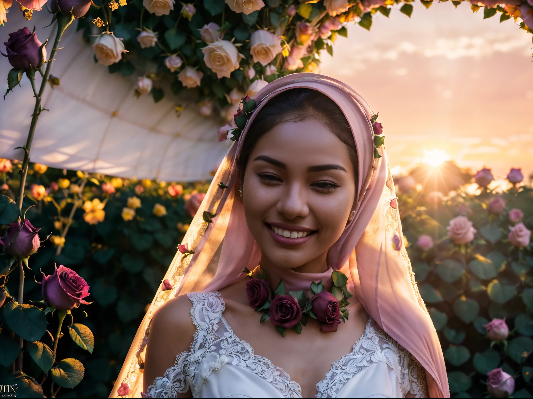 ((((Depth of field))),((((Sunset backlit),((Slim body)))),malay girl with very long white hijab, 20 years old, twilight rays, modest lace wedding dress, flower crown, (((Rose tunnel))), rose front blur, bokeh, photorealistic, surrounded by colorful roses, ((smiling)))))), (mouth closed)))),(1 malay girl in hijab), ( Sunset:1.3), (8k, RAW photography, best quality, masterpiece:1.2), (realistic, photorealistic:1.37), best quality, ultra high resolution,(standing in a flower garden:1.3), (vivid and colorful:1.3), bokeh, extreme close up shot, ultra detail, pastel color grading,