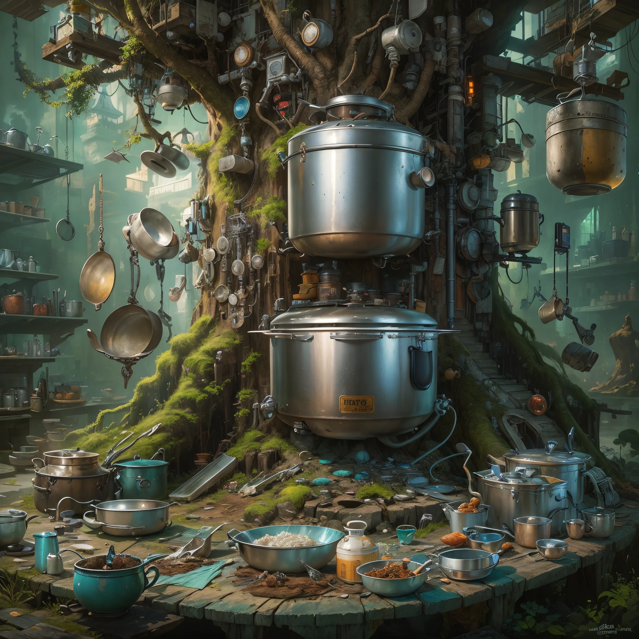 A puff of blue smoke comes out of the iopunk artificial intelligence rice cooker，Blue smoke forms a transparent goddess portrait，Inspired by One Thousand and One Nights，Inspired by Aladdin&#39;s magic lamp， Background with：kitchen wasteland, sci fi art, ，Excellent，Excellent，hyper realisitc，Thriller，