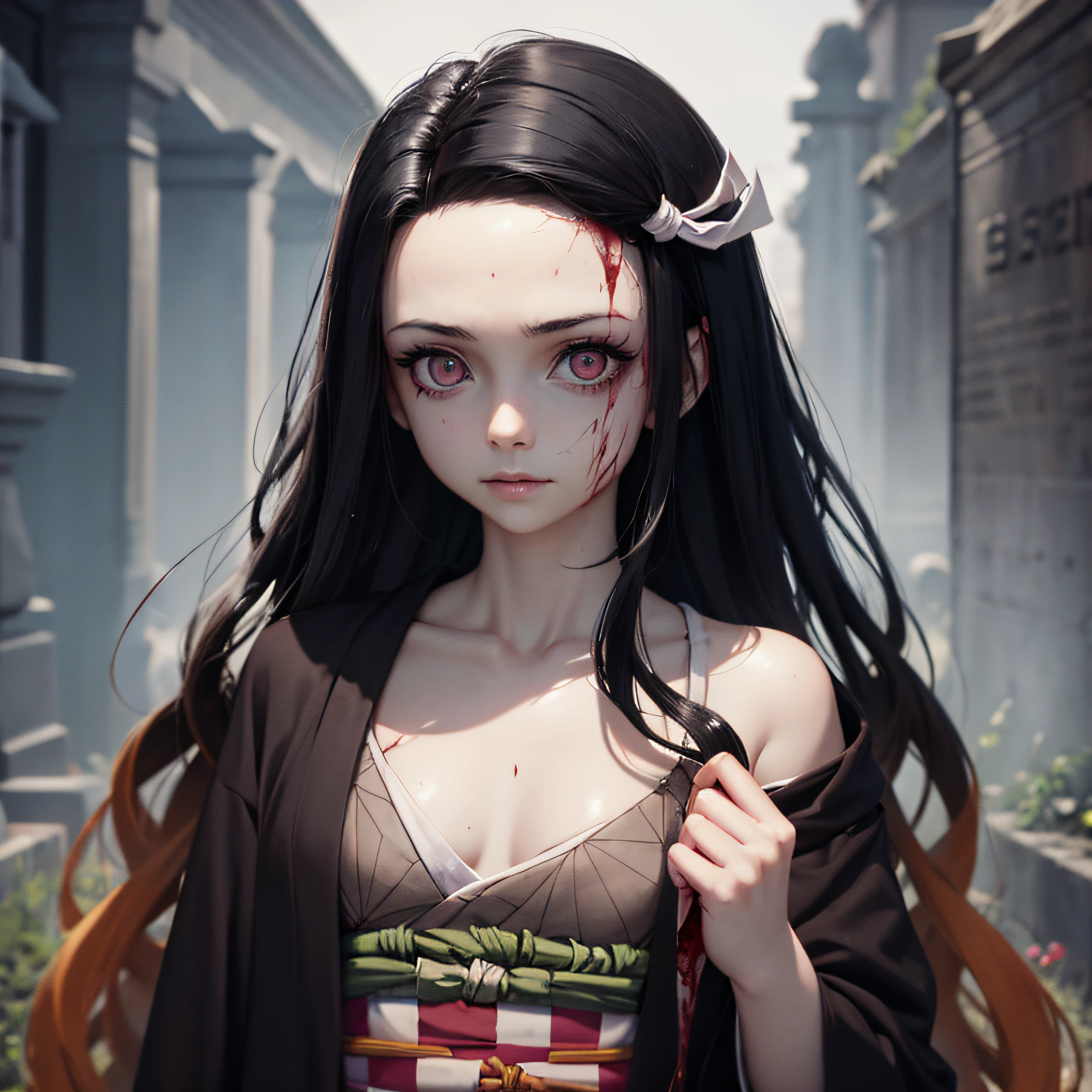 corpse, sinister, female, thin, pale, looking at the camera, ultra realistic, fully detailed, cemetery environment, bright eyes, white dress torn and stained with blood, bones exposed, putrid wounds, sensual, terrifying, bruised by the body, exposed fracture in the collarbone, slight smile, super detailed, white eyes,gun shots in the body, black hair, Nezuko Kamado, Kimono