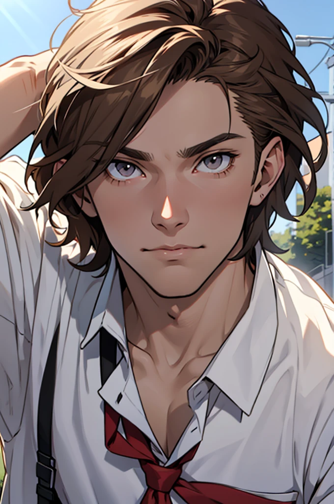 pale man, male, gray eyes, sunlight, brown hair, school Outfit, pretty, highly detailed, annoying face, cinematic, epic, anime style
