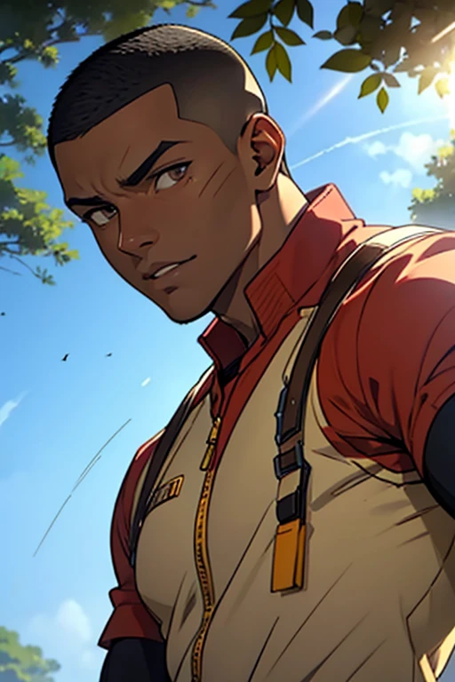 dark skin boy, male, hazel eyes, sunlight, buzz cut hair, jock Outfit, pretty, highly detailed, cinematic, epic, anime style