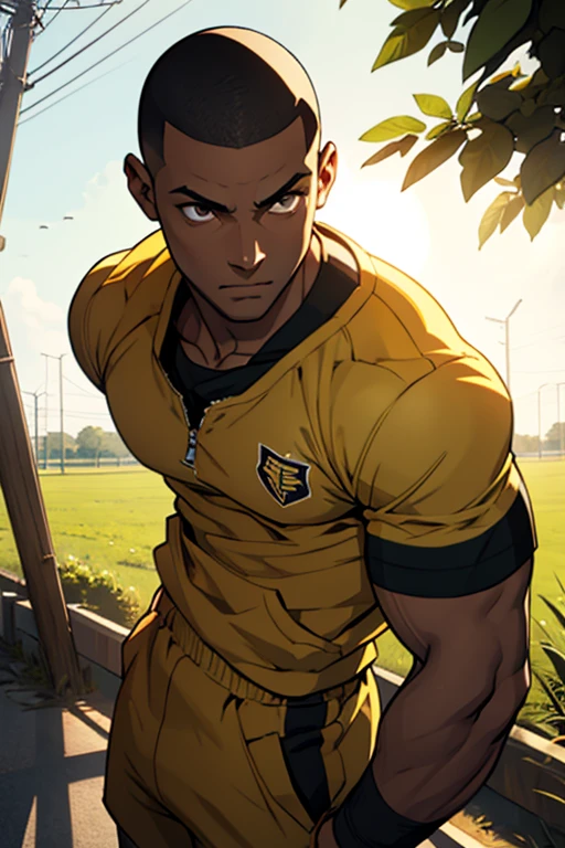 dark skin boy, male, hazel eyes, sunlight, buzz cut hair, jock Outfit, pretty, highly detailed, cinematic, epic, anime style