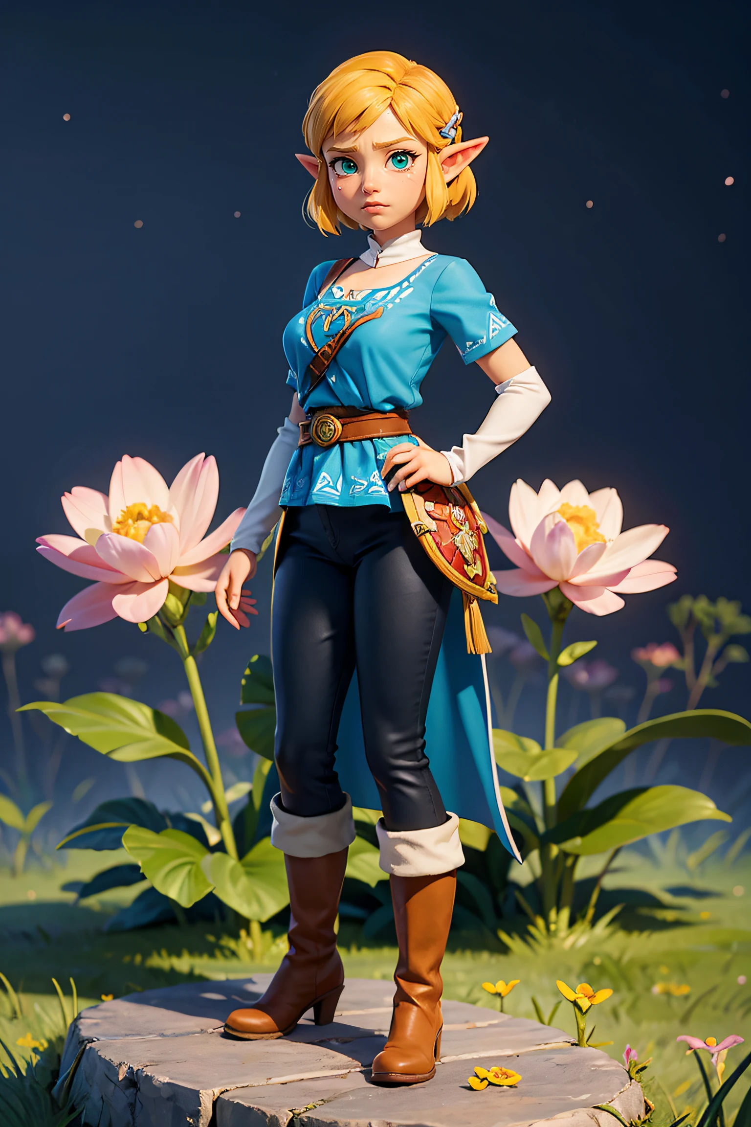 Princess Zelda, 1个Giant Breast Girl, artist request, obi strip, Blonde hair, Blue shirt, nerds, boots, face expressionless, full bodyesbian, green-eyed, A high resolution, looking at viewert, magia, Nintendo, trouser, pointy ears, The shirt, short detailed hair, simple backgound, Alone, Legend of Zelda, Legend of Zelda: Breath of the wild, Legend of Zelda: kingdom of tears, flower made of light, magia