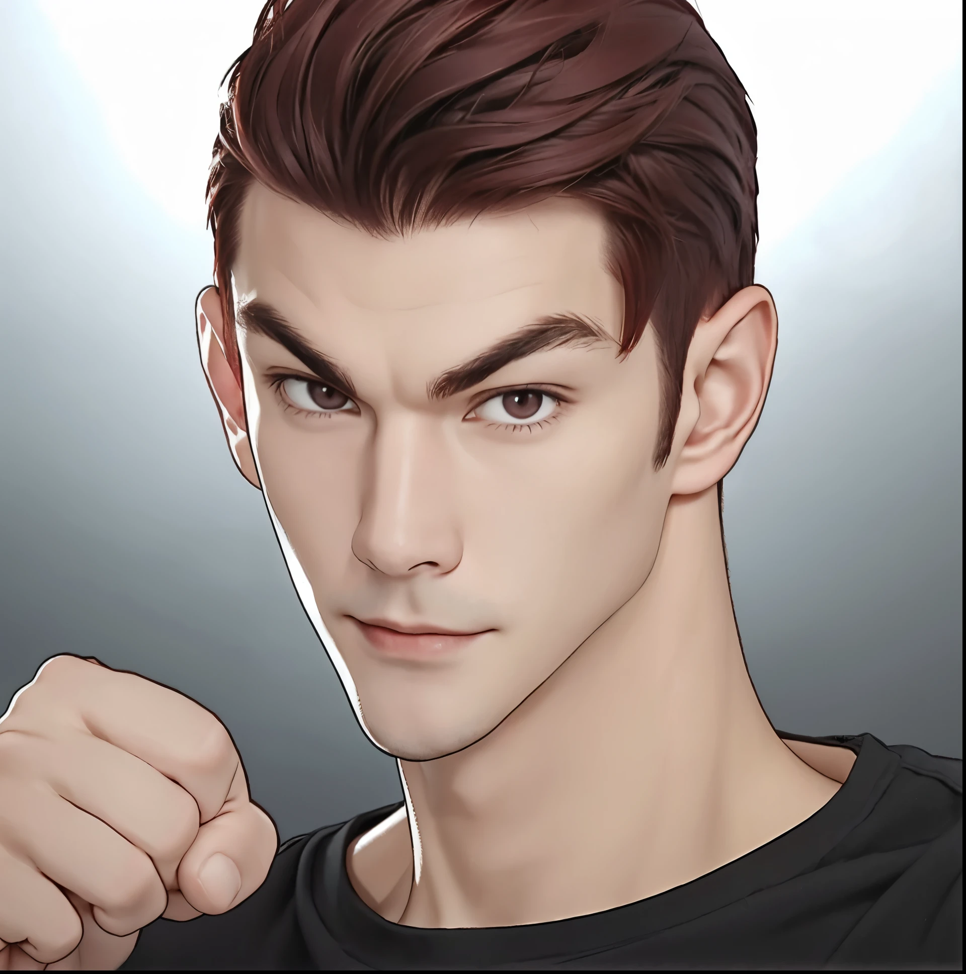 close-up of a guy with a fist in his hand, dark red hair, furrowed brow, Snide smile, Focused view, extra high resolution.photo-realistic:1.4,UHD very realistic, aged, As in real life
