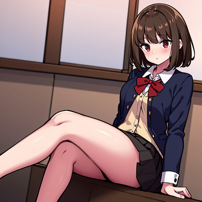 student, short straight hair, light brown hair, white blouse, black skirt, red bow ribbon on the chest, sitting on the floor, blushing, classroom,