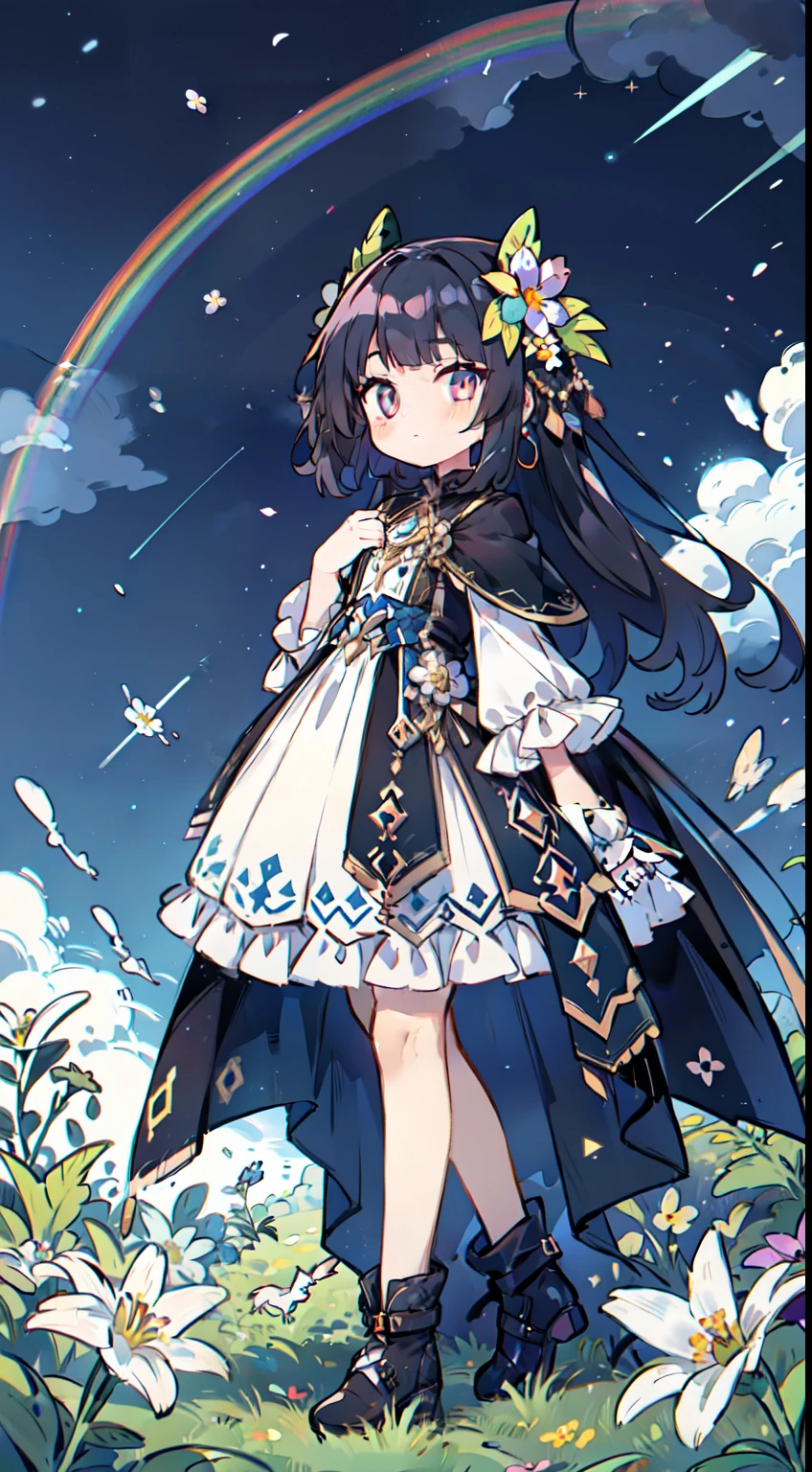 Rainbow-colored particles falling from the night sky on a hill with wildflowers, ((full body Esbian、Standing picture)), Eta、Woman scooping fantastic particles with palm. Beautiful face with bright colors and glowing eyes. Wearing a cheek sheet dress and shifting your back、Flowers and jewels blooming on the vast earth that looks small in the background、Very gorgeous and beautiful.. She wears a rustic dress and shawl. Night hill with natural vantage point. Detailed drawing. Vivid colors. High image quality. [[[[Multiple arms]]]]