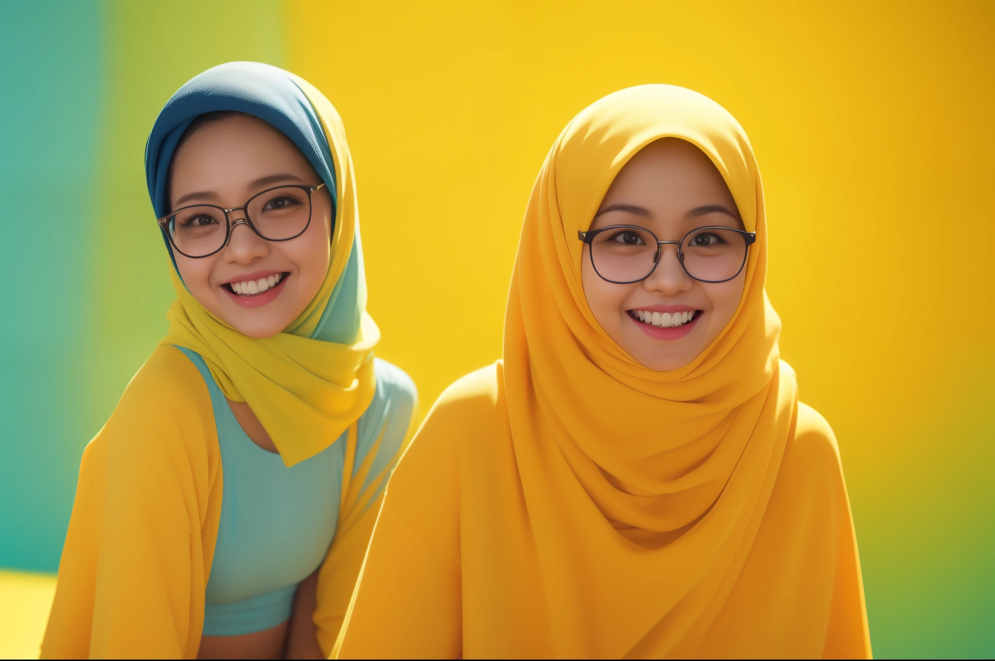Sexy Malay woman in a light blue panties in front of a yellow background, laughing, dimple, glasses, hijab, mira filzah, full portrait, on a yellow canva, full portrait shot, photo of young malay woman, photo of a woman, potrait, in yellow background, extreme close up shot, ultra detail, pastel color grading,