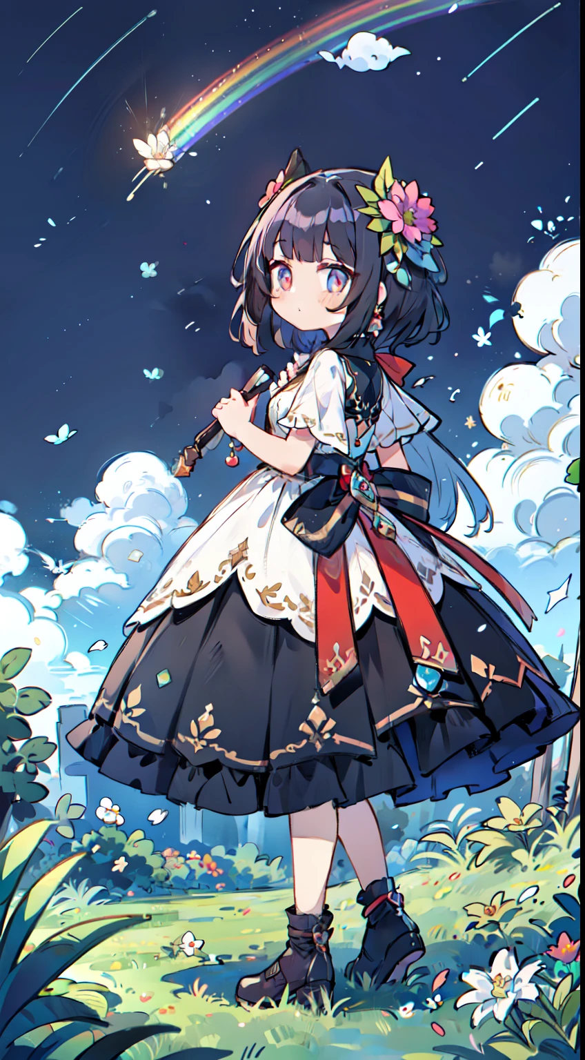 Rainbow-colored particles falling from the night sky on a hill with wildflowers, ((full body Esbian、Standing picture)), Eta、Woman scooping fantastic particles with palm. Beautiful face with bright colors and glowing eyes. Wearing a cheek sheet dress and shifting your back、Flowers and jewels blooming on the vast earth that looks small in the background、Very gorgeous and beautiful.. She wears a rustic dress and shawl. Night hill with natural vantage point. Detailed drawing. Vivid colors. High image quality. [[[[Multiple arms]]]]
