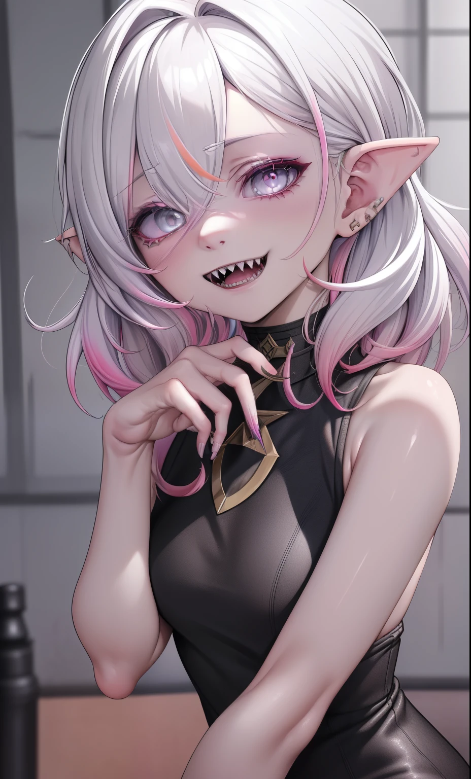 Masterpiece, high detail, High Resolution, RTX, 8K, hiquality, (Best Quality, RAW photo,Ultra-detailed:1.2), 
1girl, multi-colored hair, white colored hair, pink hair, gray eyes, grey skin, Short hair, messy  hair, outfit black, sharp teeth, pointed ears ,独奏,looking a viewer,