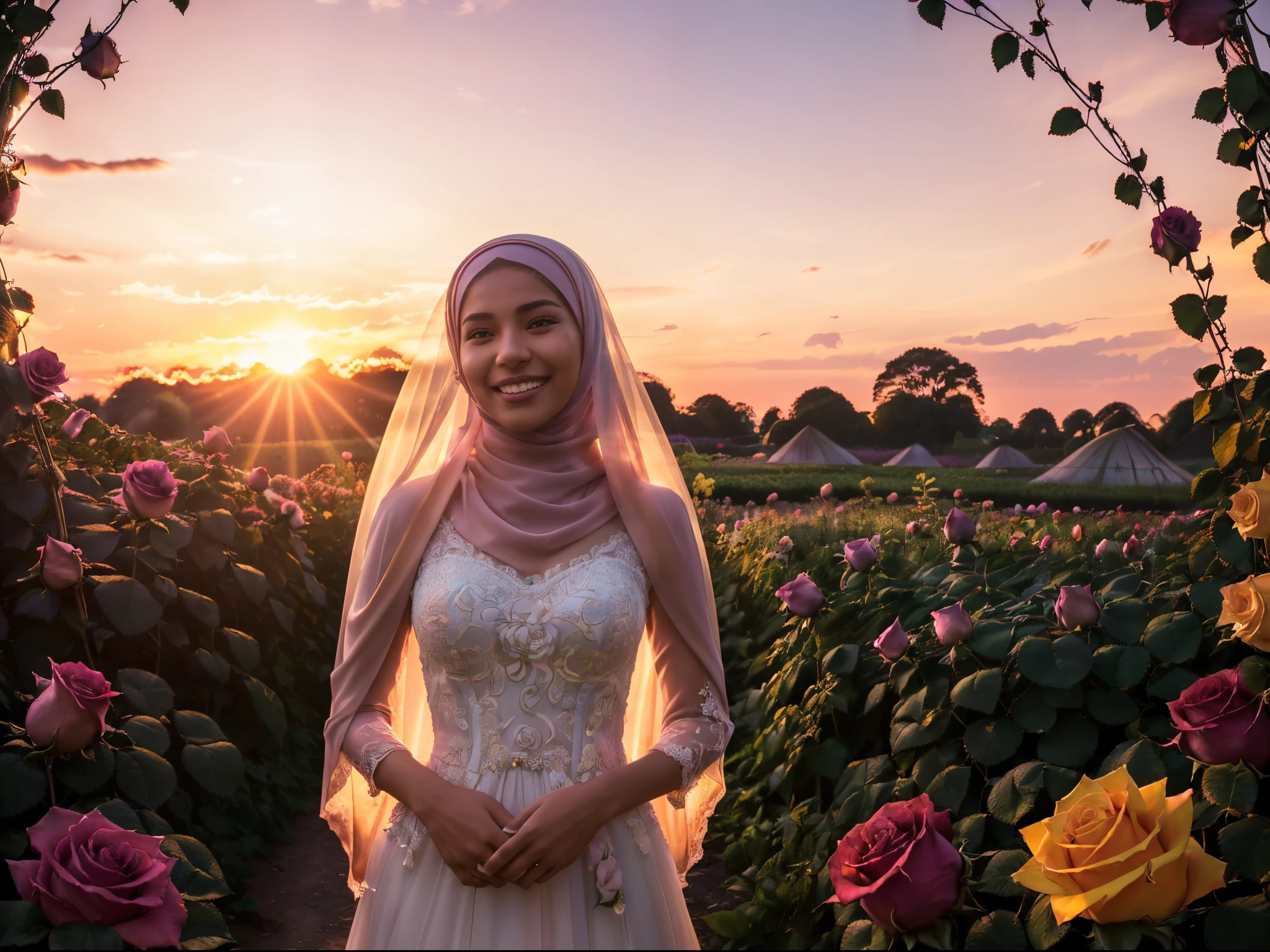 ((((Depth of field))),((((Sunset backlit),((Slim body)))),malay girl with very long white hijab, 20 years old, twilight rays, modest lace wedding dress, flower crown, (((Rose tunnel))), rose front blur, bokeh, photorealistic, surrounded by colorful roses, ((smiling)))))), (mouth closed)))),(1 malay girl in hijab), ( Sunset:1.3), (8k, RAW photography, best quality, masterpiece:1.2), (realistic, photorealistic:1.37), best quality, ultra high resolution,(standing in a flower garden:1.3), (vivid and colorful:1.3), bokeh, extreme close up shot, ultra detail, pastel color grading,