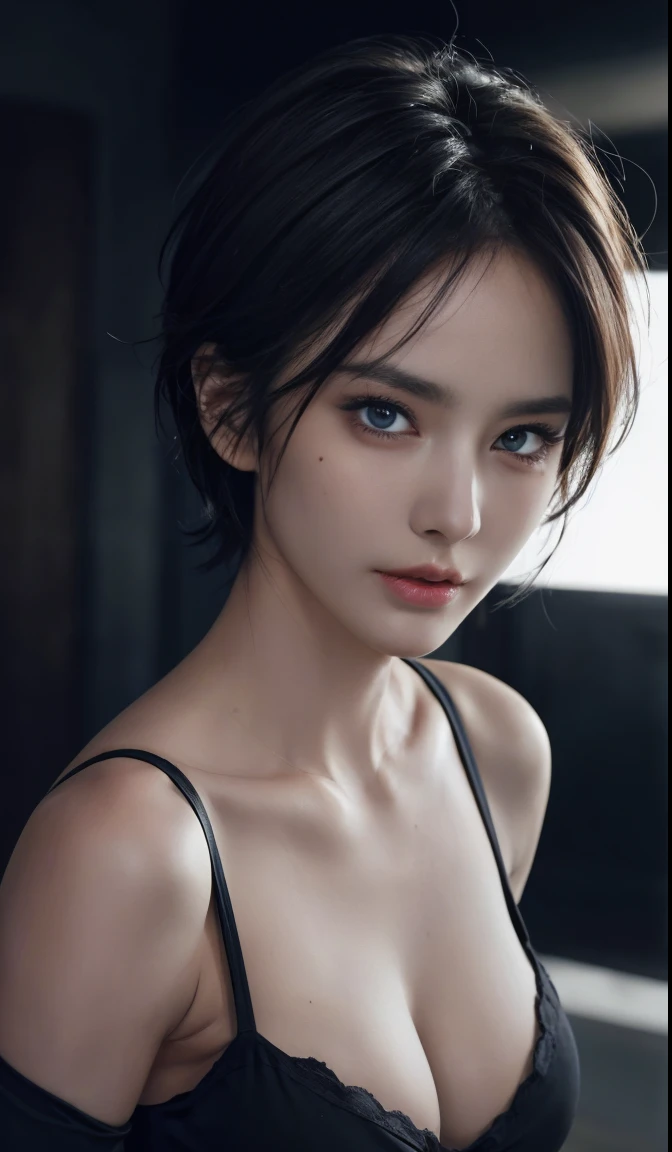 short hair, skintight black top:1.2, looking at viewer, cinematic lighting, perfect, soft lights, high resolution skin:1.2, realistic skin texture, realistic face, off shoulder, Exposed cleavage, blue Eyes, mole, short hair, mole under eye, big boob,