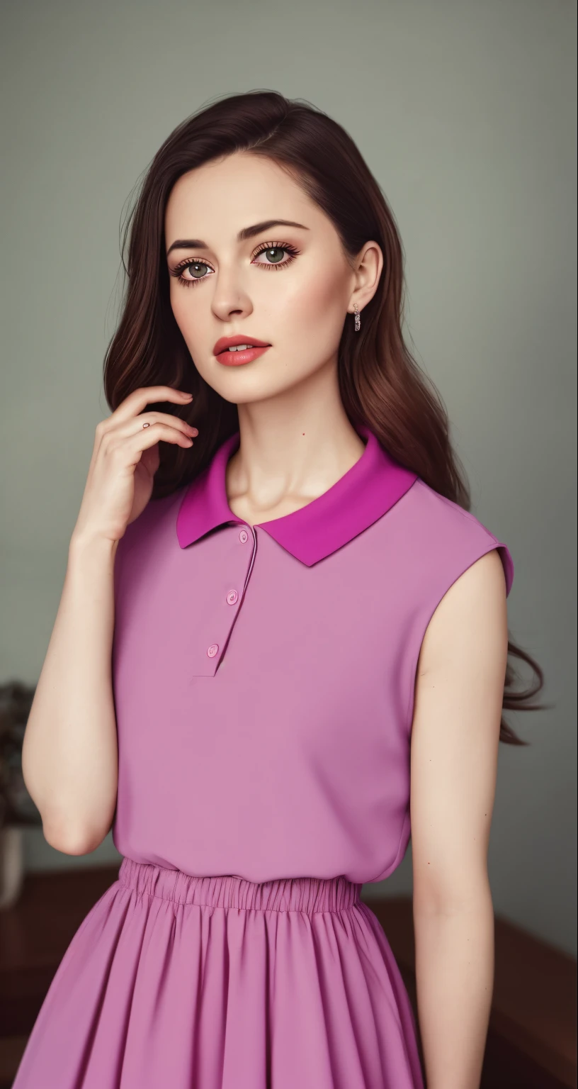 tiktok photo of 37 years old woman, closeup, RAW, masterpiece, realistic, hyper realistic, muted color, film grain, 
looking at viewer, polo's pastel perfection looking 80s casual soft collars, fascinating, 
wearing Magenta dress flower,