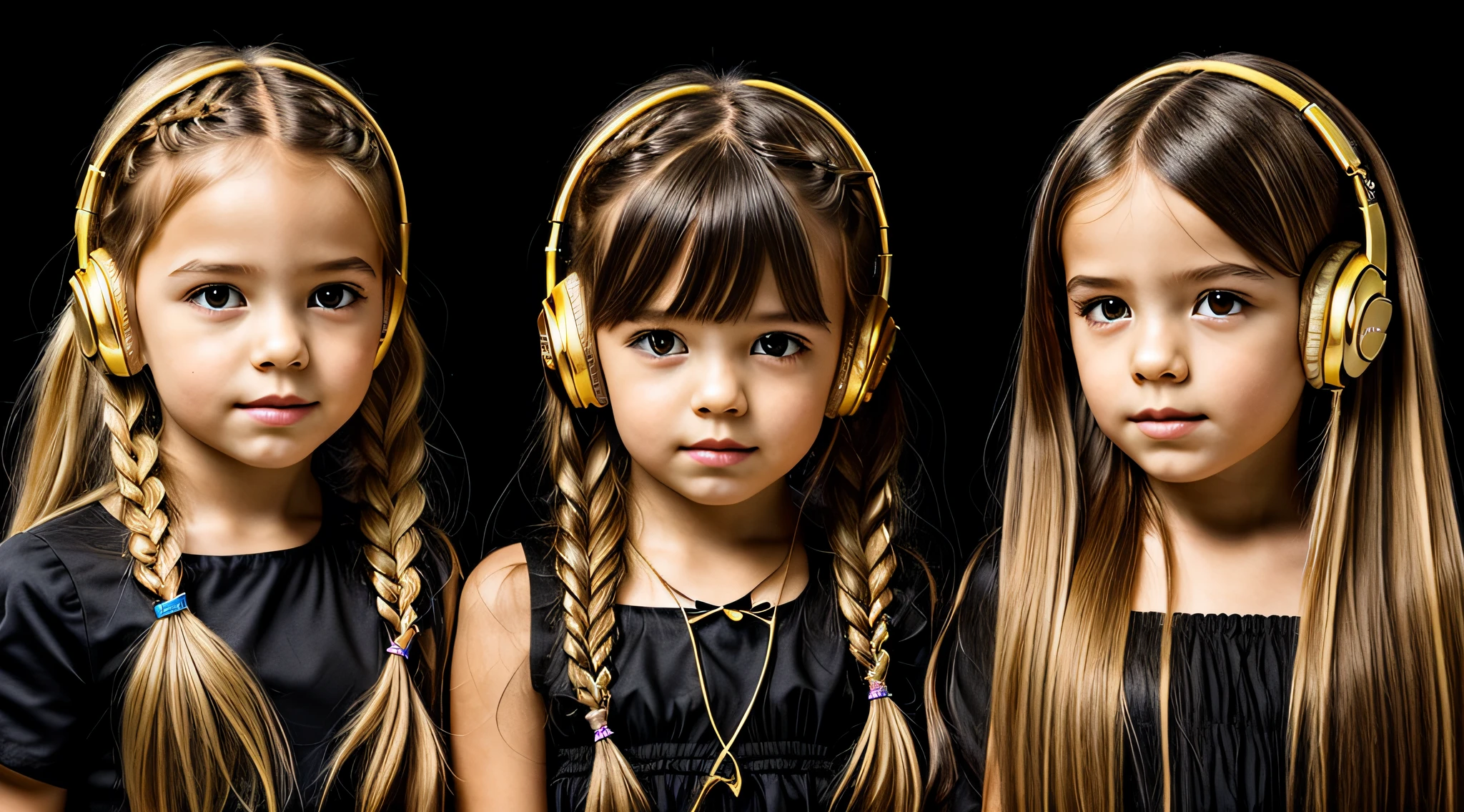 two KIDS BLONDE GOLD girls LONG HAIR BRAIDS with bows on their heads and one wearing a BLACK dress, HEADPHONES FIRE AND FIRE. smoke billowing, gemini twins portrait, faixa de cabelo AMARELO,