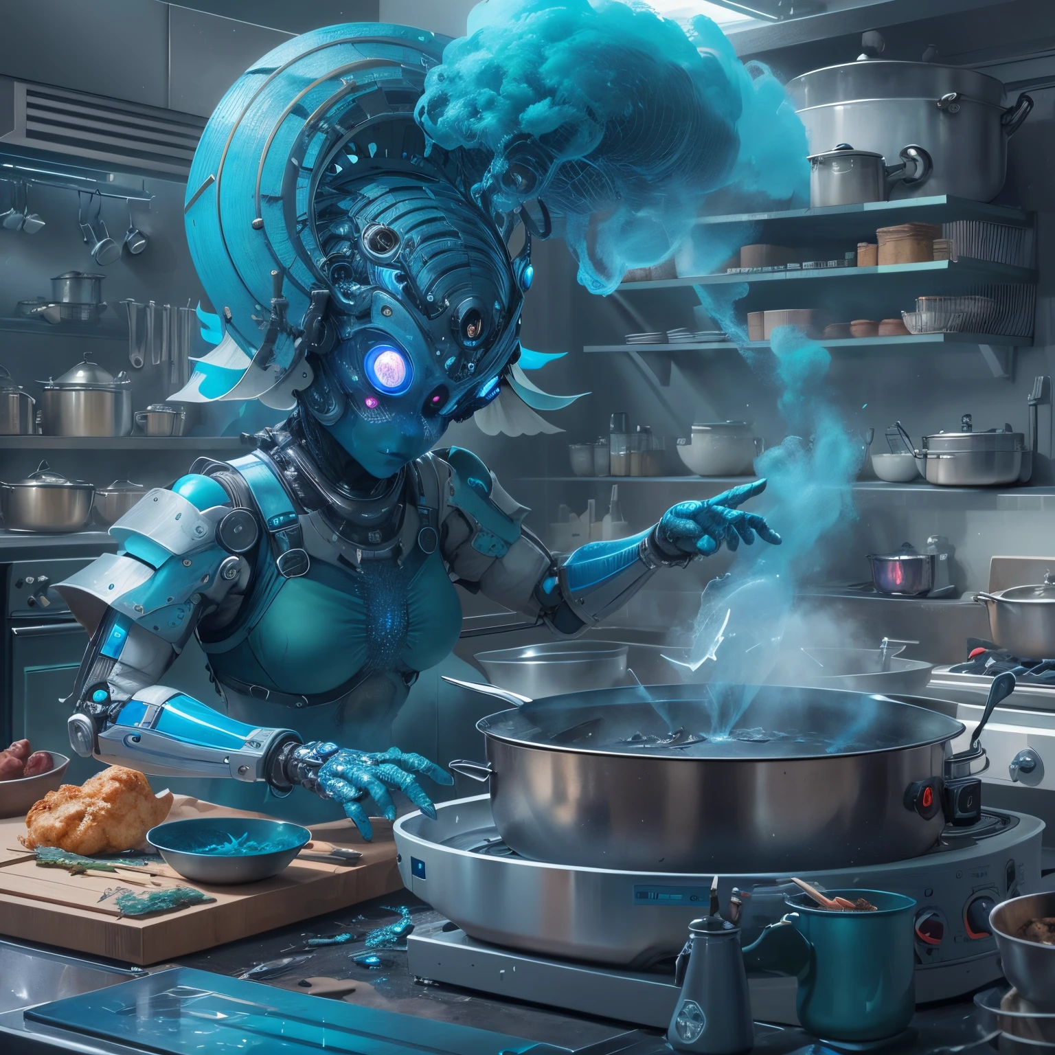 A puff of blue smoke comes out of the iopunk artificial intelligence rice cooker，Blue smoke forms a transparent goddess portrait，Inspired by One Thousand and One Nights，Inspired by Aladdin&#39;s magic lamp， Background with：kitchen wasteland, sci fi art, ，Excellent，Excellent，hyper realisitc，Thriller，
