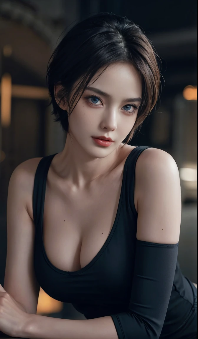 short hair, skintight black top, looking at viewer, cinematic lighting, perfect, soft lights, high resolution skin:1.2, realistic skin texture, realistic face, off shoulder, Exposed cleavage, blue Eyes, mole, short hair, mole under eye, big boob,