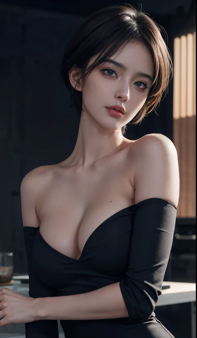 short hair, skintight black top, looking at viewer, cinematic lighting, perfect, soft lights, high resolution skin:1.2, realistic skin texture, realistic face, off shoulder, Exposed cleavage, blue Eyes, mole, short hair, mole under eye, big boob,