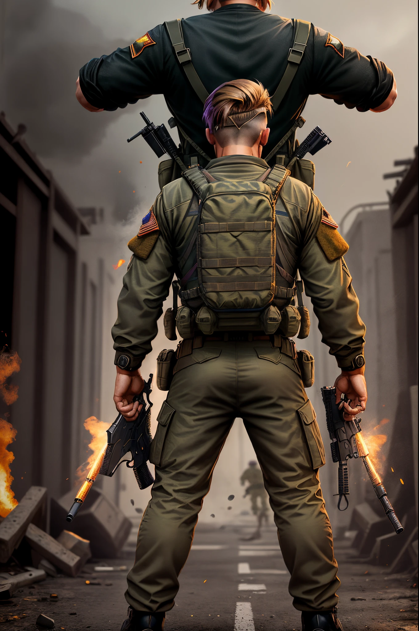 create a 3d Disney pixar style image of a soldier wearing a black long-sleeved combat shirt, black plate carrier, honey-colored hair style The marine haircut, with his back to the scene firing a pistol with dual wielding.