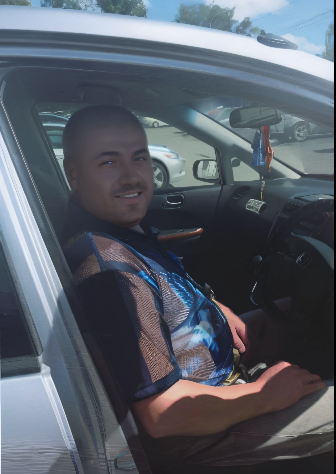 Best Quality, Masterpiece, hight resolution, white shirt on man, detailed car interior, 8K