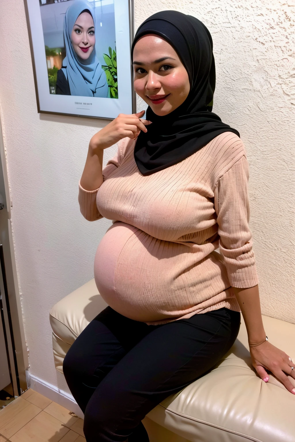 1 malay girl , (modern plain cream hijab) , smile, medium portrait shot , watery  eyes , wear sweater ,((black lingerie pants )), white modern hotel bedroom background, bright front light, breast grab pose, ((big tits:1.5)) , ((huge pregnant:1.2)) , ((excessive cum:1.2)),  , (((sexy pose milf))) , detailed nipple