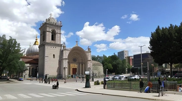 La gente camina por una Plaza frente a una iglesia., Plaza, Neo - Arquitectura Andina, Arquitectura neoandina, iglesia, En Chuquicamata, Quechua!!, Quechua, ivan bolivian, Quechua!, catedral, Iglesia Catedral, Old cathedral behind it, edad, Muira, Historical setting, Yet