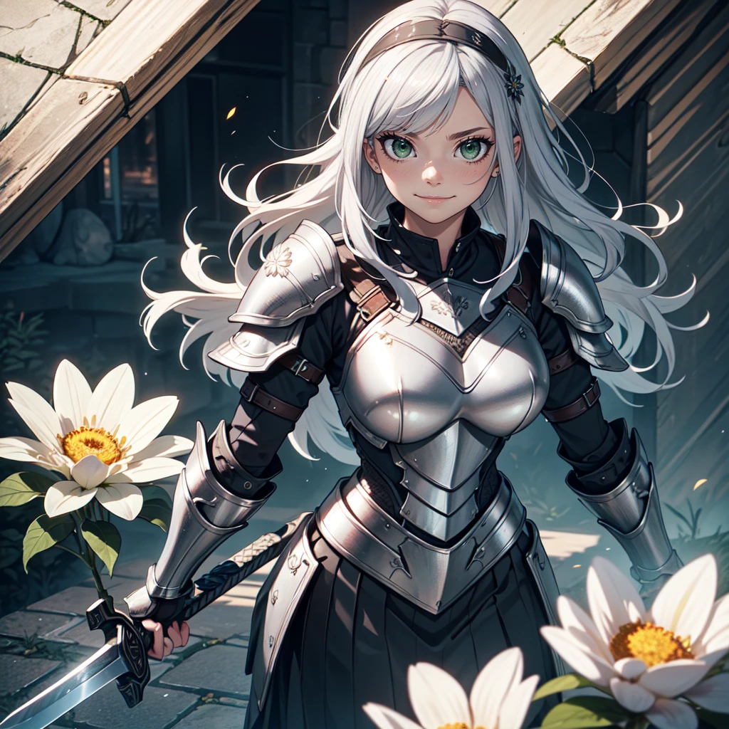 Ultra High Definition,
Ultra High Quality,
Hyper Definition,
Hyper Quality,
Hyper Detailed,
Extremely Detailed,
Perfectly Detailed,
8k,
1 girl,
Long Silver Hair,
Full Body Armor, Skirt
Solid Green Eyes, Sword
Cheerful Expression, White Flower Barrette
Armored With Full Plate Armor,
Town Background,
