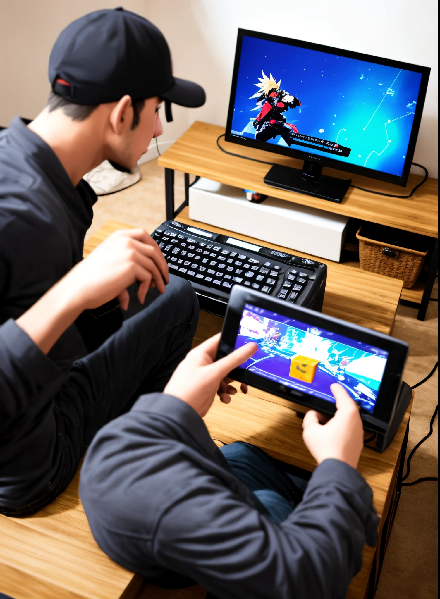 Sol Badguy from Guilty Gear strive playing fortnite in a living room