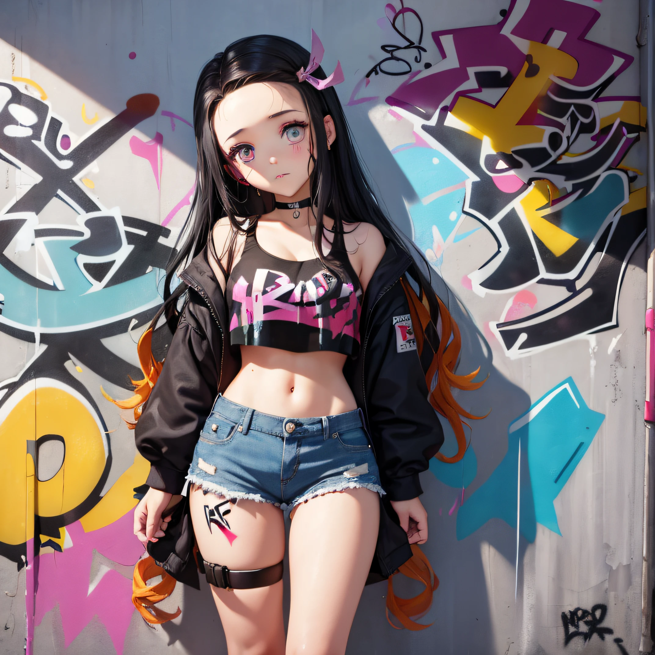 masterpiece, best quality, 1girl, solo, crop top, denim shorts, choker, (graffiti:1.5), paint splatter, arms behind back, against wall, looking at viewer, armband, thigh strap, paint on body, head tilt, bored, multicolored hair, aqua eyes, headset, nezuko kamado