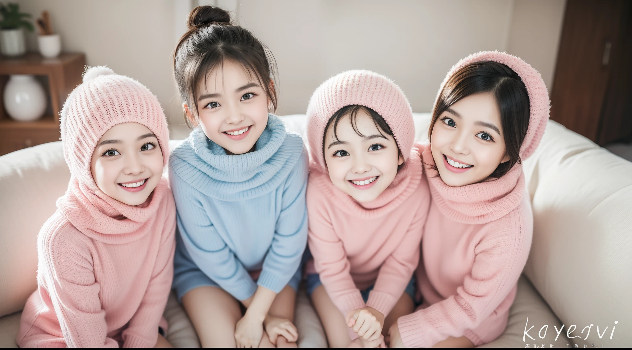 3 malay girls, (happy smile, laughing: 1.3), 8k, RAW portrait of malay girls with pompom plain hijab, 80mm, ultra high resolution, top quality, wear knitted pyjamas, top view, (looking up at the viewer from below), big, modern grey pastel living room, bed, sitting on fluffy couch with many big cute pillow, many cute pillow, break (natural skin texture, detailed skin, hyper-realism, super sharpness), intricate details, high resolution, natural light, cheerful environment, bright lighting, high quality, ultra detail, 8k, extreme close up shot, pastel color grading, bokeh,