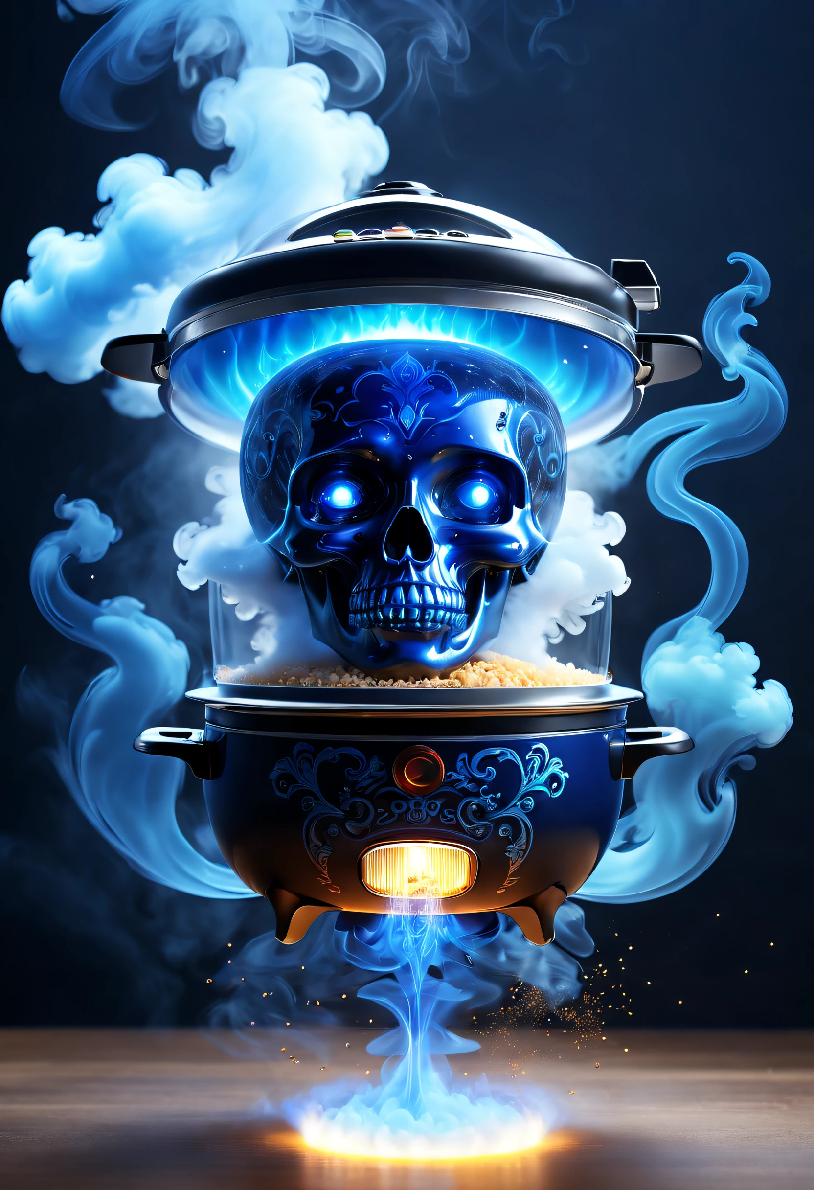 (Best quality at best,4K,8K,A high resolution,tmasterpiece:1.2),ultra - detailed,Mysterious blue smoke comes out of AI rice cooker,Transparent witch head formed by blue smoke,Inspired by One Thousand and One Nights,inspired by aladdin&#39;s magic lamp,Kitchen background,sci fi art,Excellent,wonderful fairy tale,hyper realisitc,Mythological films，Abstract，Stylized