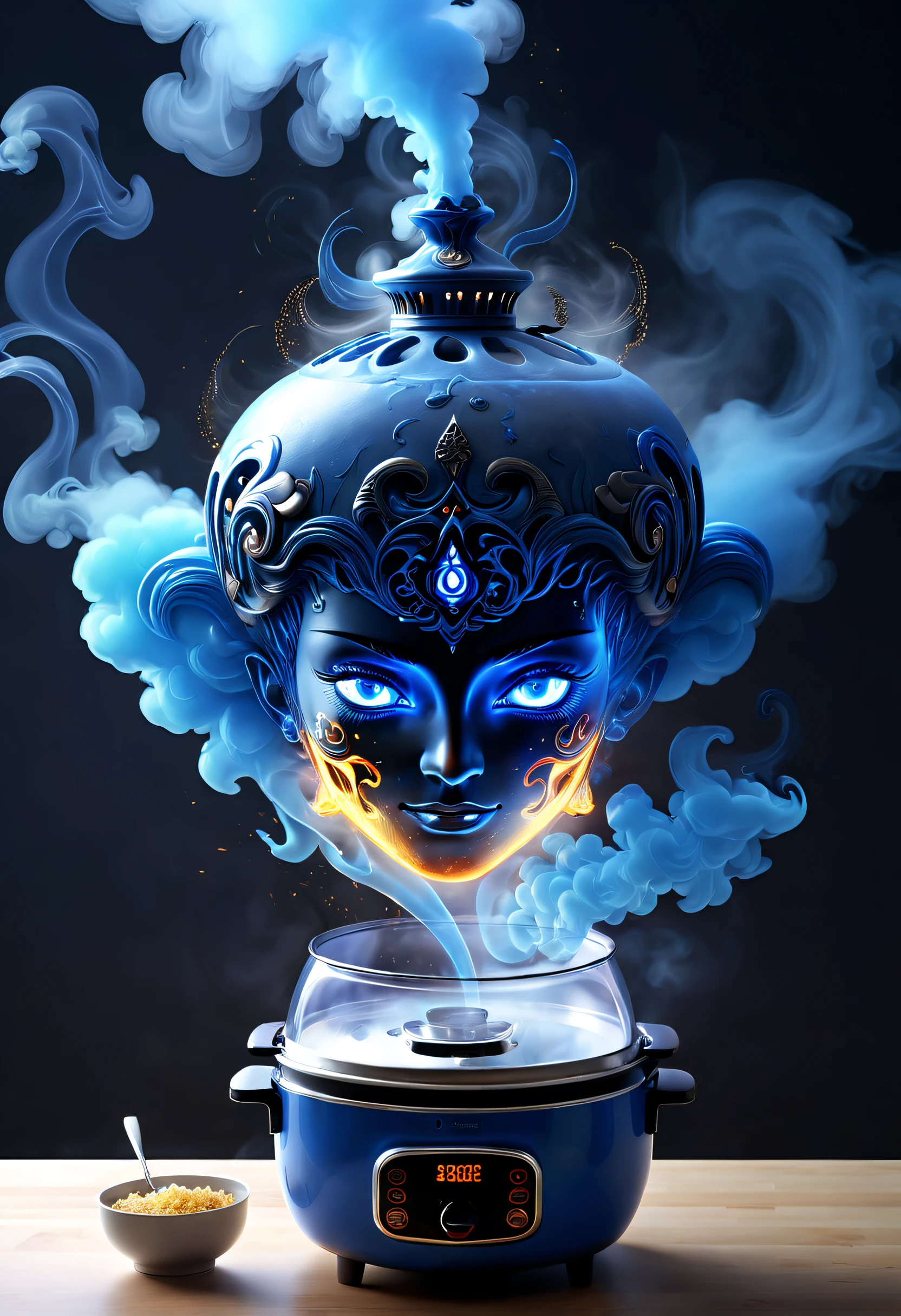 (Best quality at best,4K,8K,A high resolution,tmasterpiece:1.2),ultra - detailed,Mysterious blue smoke comes out of AI rice cooker,Transparent witch head formed by blue smoke,Inspired by One Thousand and One Nights,inspired by aladdin&#39;s magic lamp,Kitchen background,sci fi art,Excellent,wonderful fairy tale,hyper realisitc,Mythological films，Abstract，Stylized