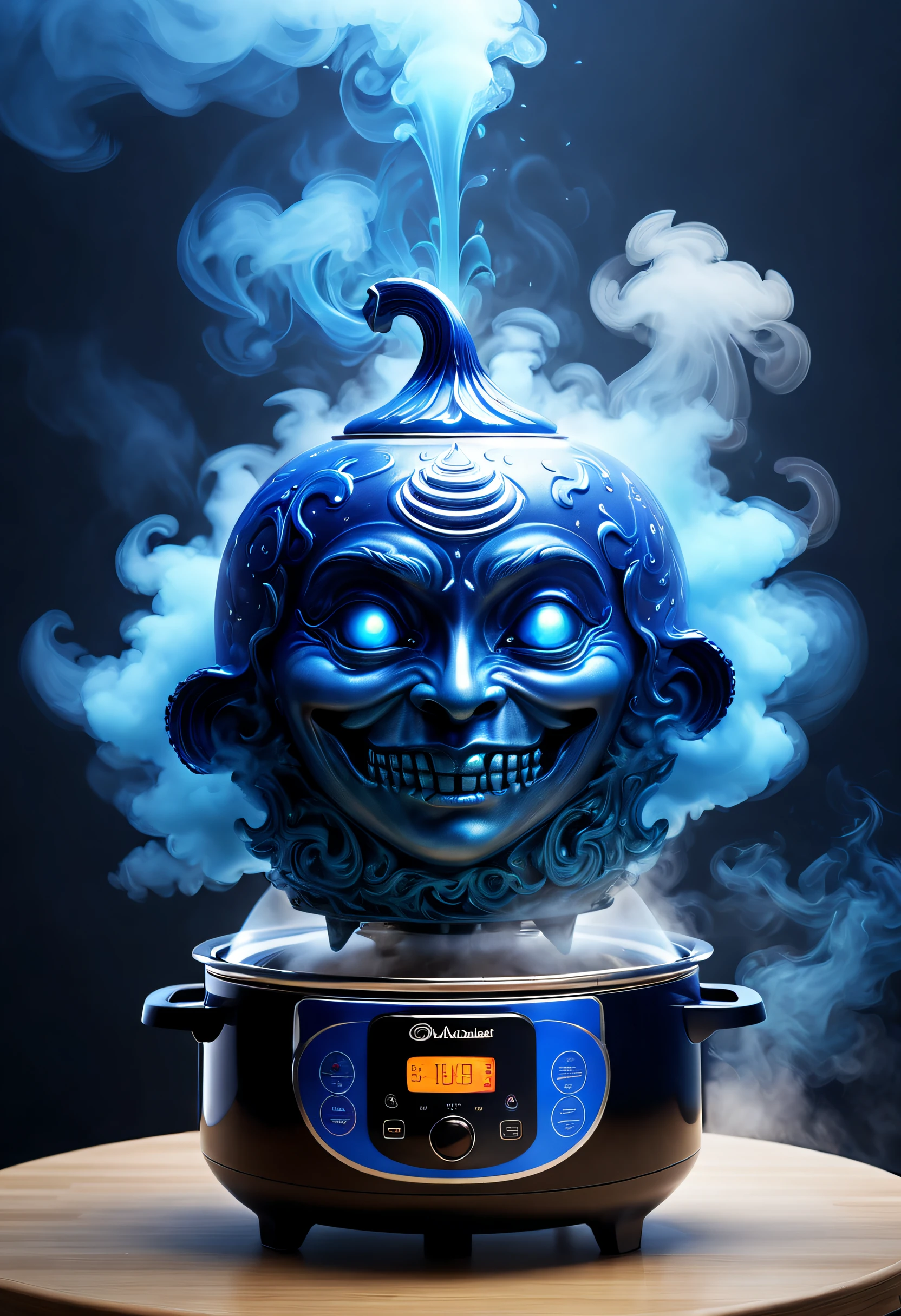 (Best quality at best,4K,8K,A high resolution,tmasterpiece:1.2),ultra - detailed,Mysterious blue smoke comes out of AI rice cooker,Transparent witch head formed by blue smoke,Inspired by One Thousand and One Nights,inspired by aladdin's magic lamp,Kitchen background,sci fi art,Excellent,wonderful fairy tale,hyper realisitc,Mythological films,Abstract,Stylized