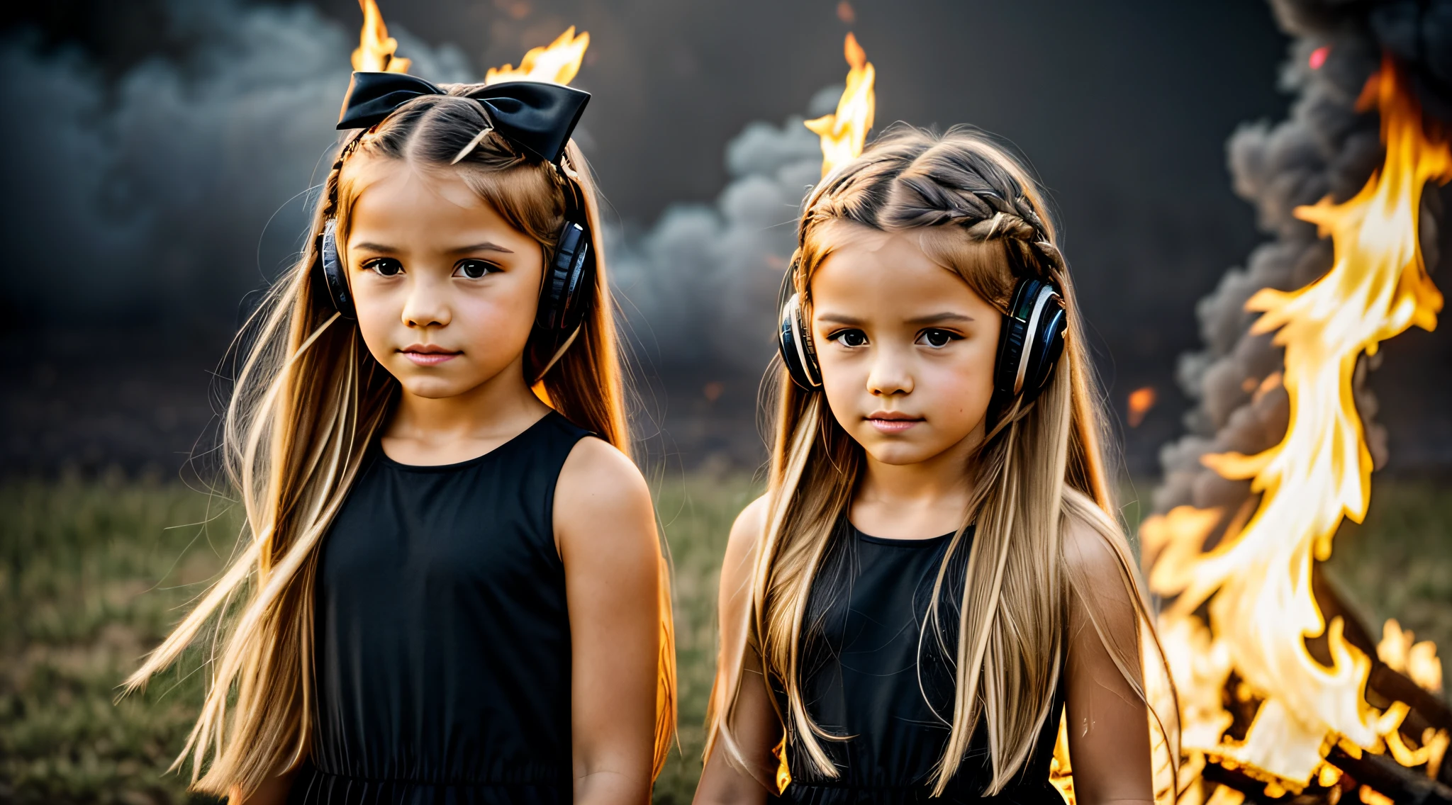 two KIDS BLONDE GOLD girls LONG HAIR BRAIDS with bows on their heads and one wearing a BLACK dress, HEADPHONES FIRE AND FIRE. smoke GREEN billowing, gemini twins portrait, faixa de cabelo AMARELO,