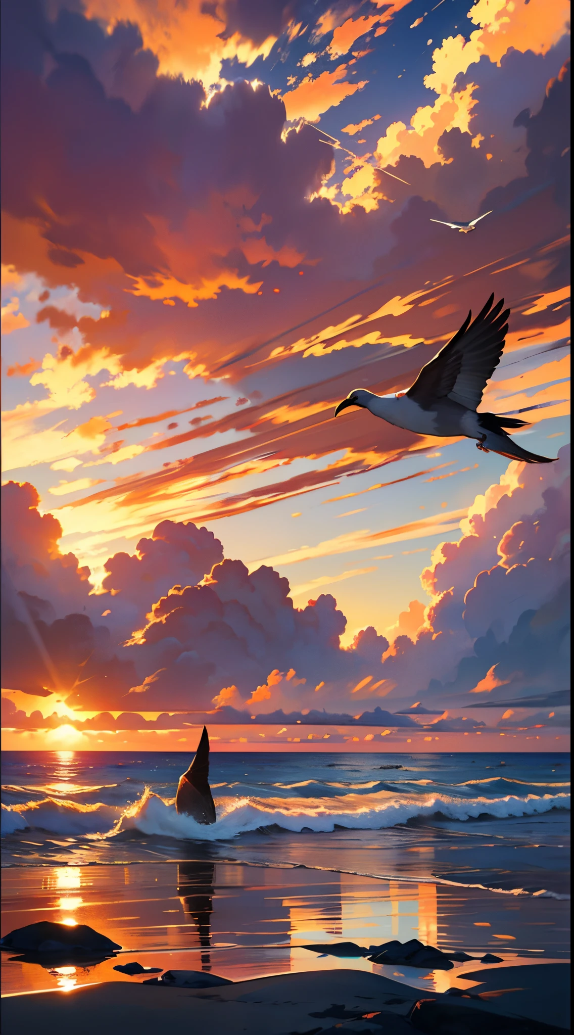 A beautiful sunset over the ocean,Crimson and gold clouds reflecting in the water...,silueta de un faro en la distancia,Olas suaves rompiendo en la orilla,Gaviotas volando en el cielo,Colores y matices impresionantes,pintura,ultra detallado,pinceladas suaves,Impresionismo,vibrante, Warm color palette,natural sunlight and warm golden hour lighting.
