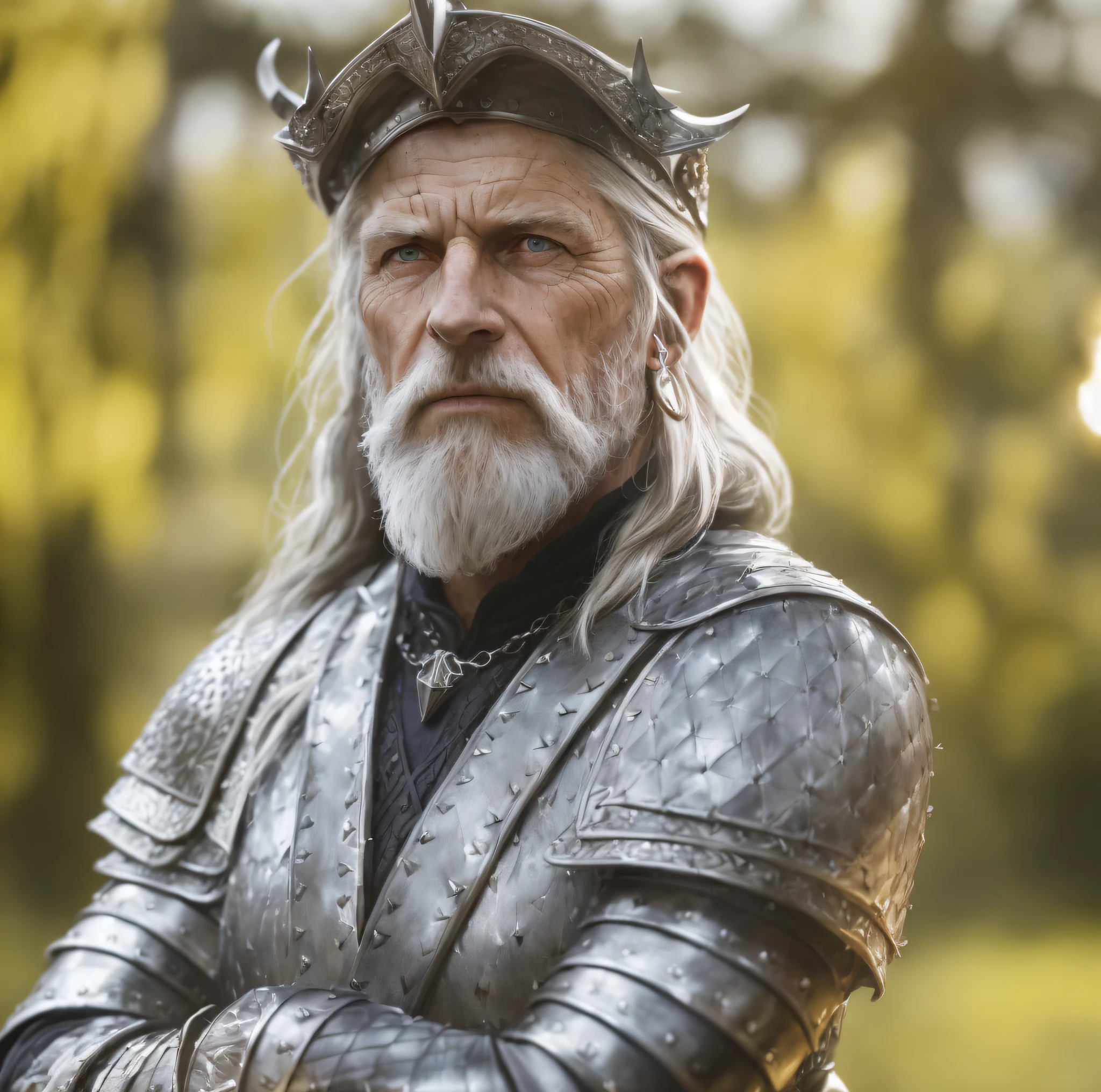 (Highest quality:1.3), cinematic shot, masterpiece, (sharp focus:1.5), (photorealistic:1.3), medium portrait of (a weary-looking but still proud and fierce-looking old Viking warrior, now the leader of his village, dressed in elaborately detailed chain mail and leather armour, a few torches burn on the walls, giving the scene a dark atmosphere but sculpting the forms in sharp chiaroscuro), it is night time, (highly detailed skin), (detailed face), detailed background, dark lighting, twilight lighting, volumetric lighting, intricate details, UHD,