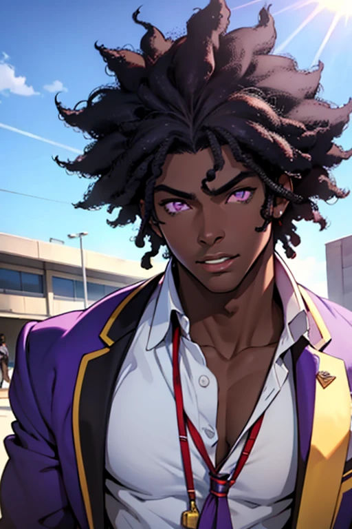 dark skin man, male, purple eyes, sunlight, black afro hair, school Outfit, full lips, pretty, highly detailed, cinematic, epic, anime style