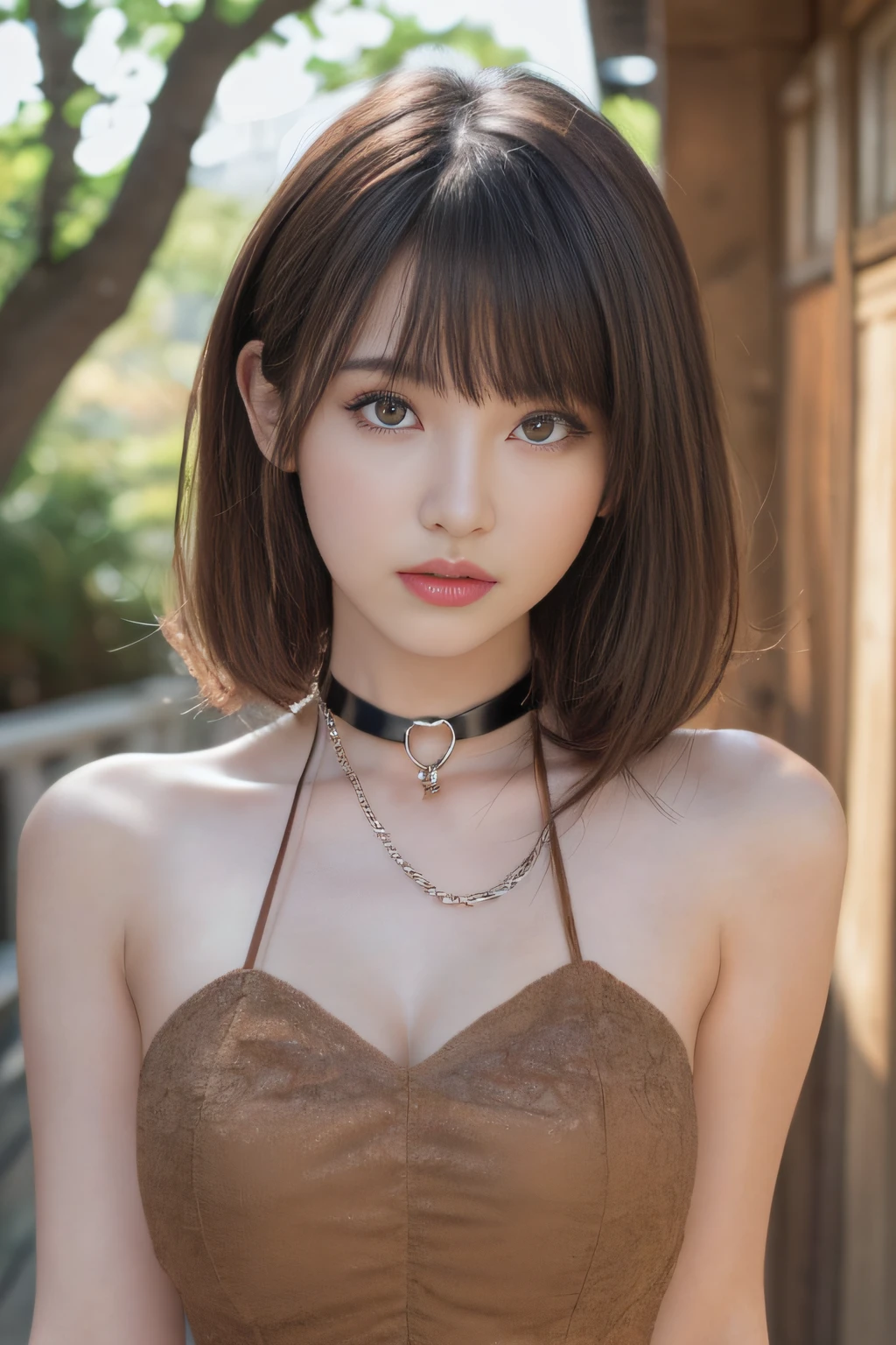 masutepiece, Best Quality, One girl, (Beautiful Girl:1.3), (16 years old:1.2), Very fine eye definition, (Symmetrical eyes:1.3), NSFW, (cute little、Highly detailed mini dress with open neckline、With net-like slits:1.3), Beautiful breasts, Brown eyes, Parted bangs, Brown hair, Upper teeth、background outdoor blur、chain＆rock choker、sitting in a bench、Show white panties