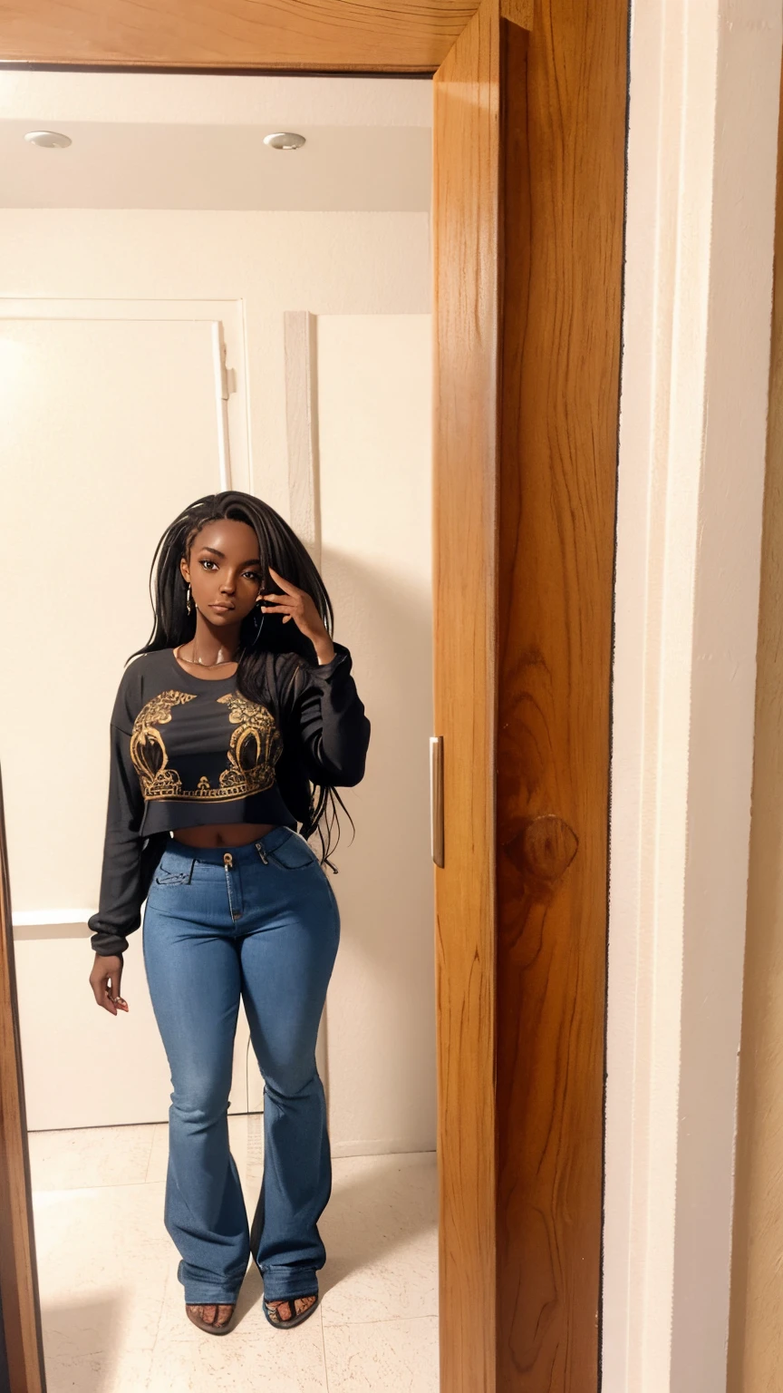 best quality, high detail, (detailed face), detailed eyes,((best quality, masterpiece)), ((1 dark skinned African girl)), white t-shirt, short sleeves, navel, stomach, jeans, crop top, large breasts, (arms at side:1.2), groin, hip bones, ponytail, blunt bangs, black hair, underboob, straight-on, standing, outdoors, looking at viewer,