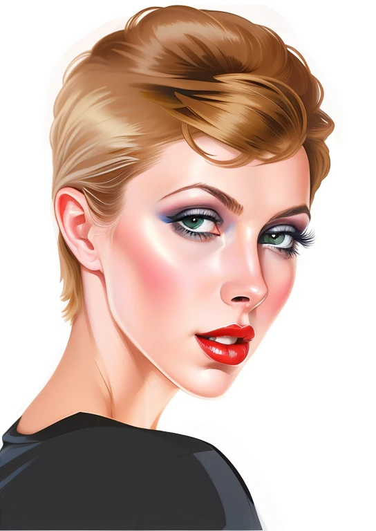 blonde woman with short hair and black shirt with red lips, cabelos castanhos curtos e olhos grandes, digital illustration portrait, arte digital de um elegante, detailed illustration portrait, attractive androgynous humanoid, in illustration style digital, Portrait illustration, Um retrato anime de David Bowie, retrato colorido detalhado, retrato dos desenhos animados, retrato digital, rosto detalhado de uma mulher