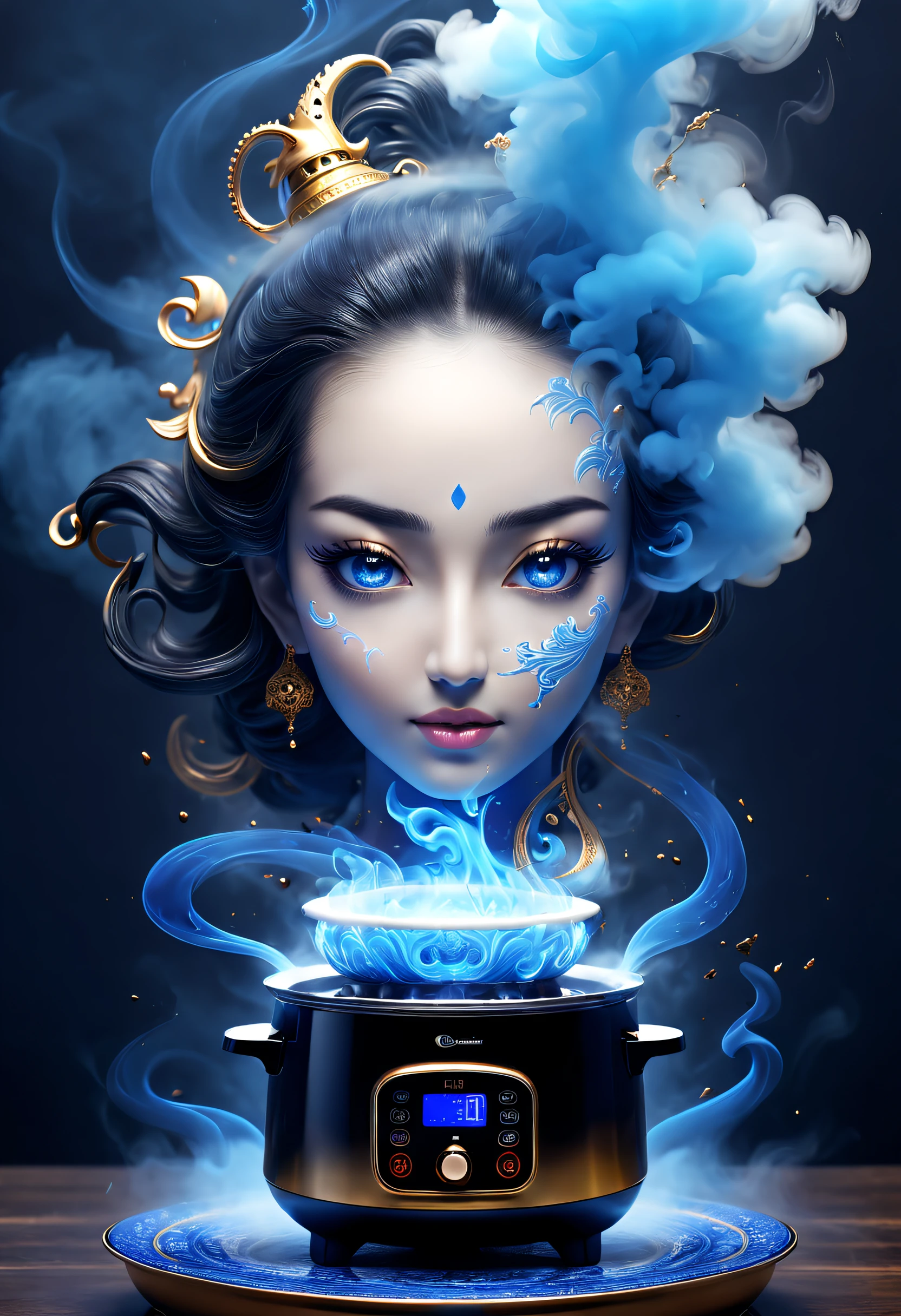 (Best quality,4K,8K,A high resolution,tmasterpiece:1.2),ultra - detailed,Mysterious blue smoke comes out of AI rice cooker,Transparent goddess head formed by blue smoke,Inspired by One Thousand and One Nights,Inspired by Aladdin&#39;s magic lamp,Kitchen background,sci fi art,Excellent,wonderful fairy tale,hyper realisitc,Mythical film，abstracted，stylized