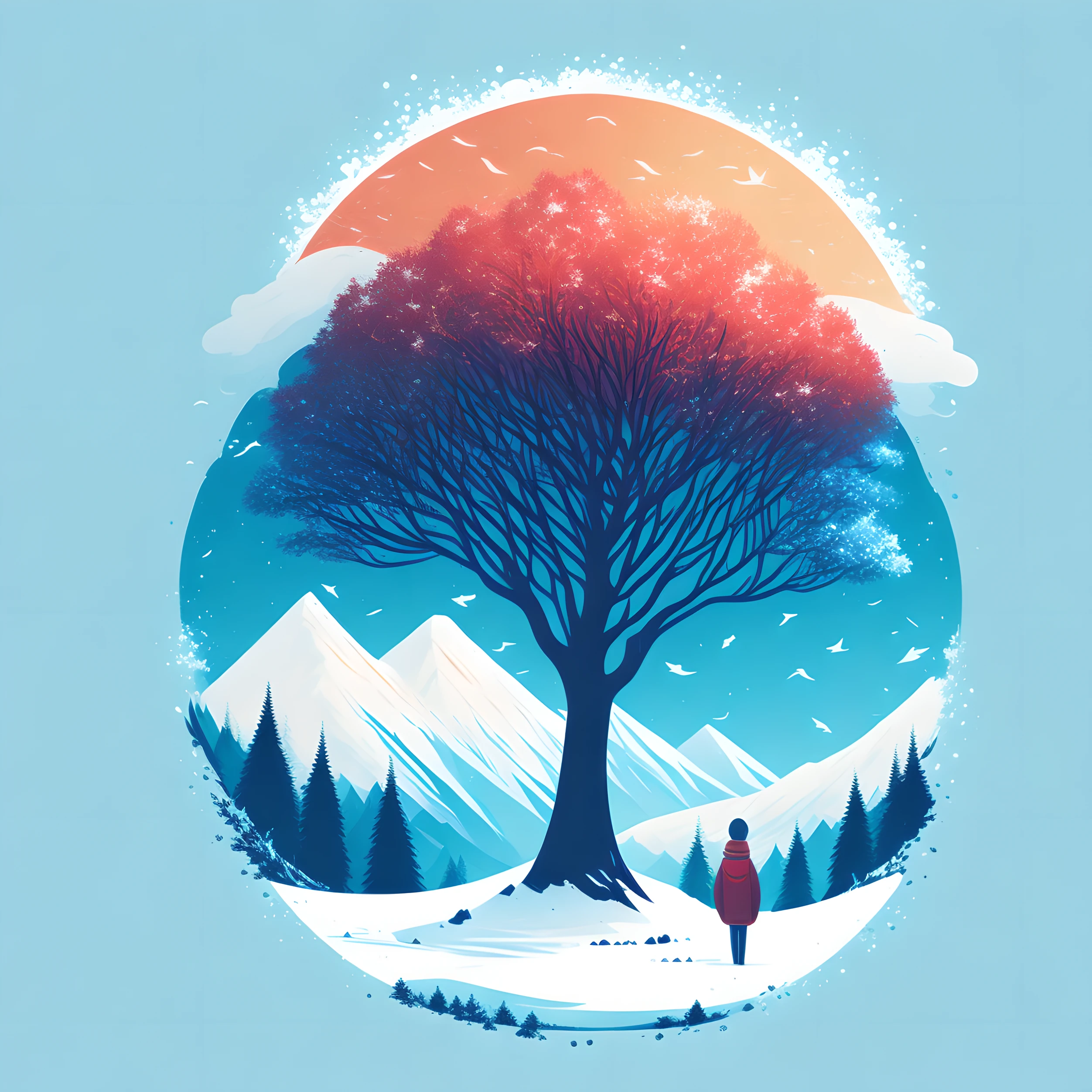 a spruice tree in a winter landscape, tshirt design, midijourney, vector-art