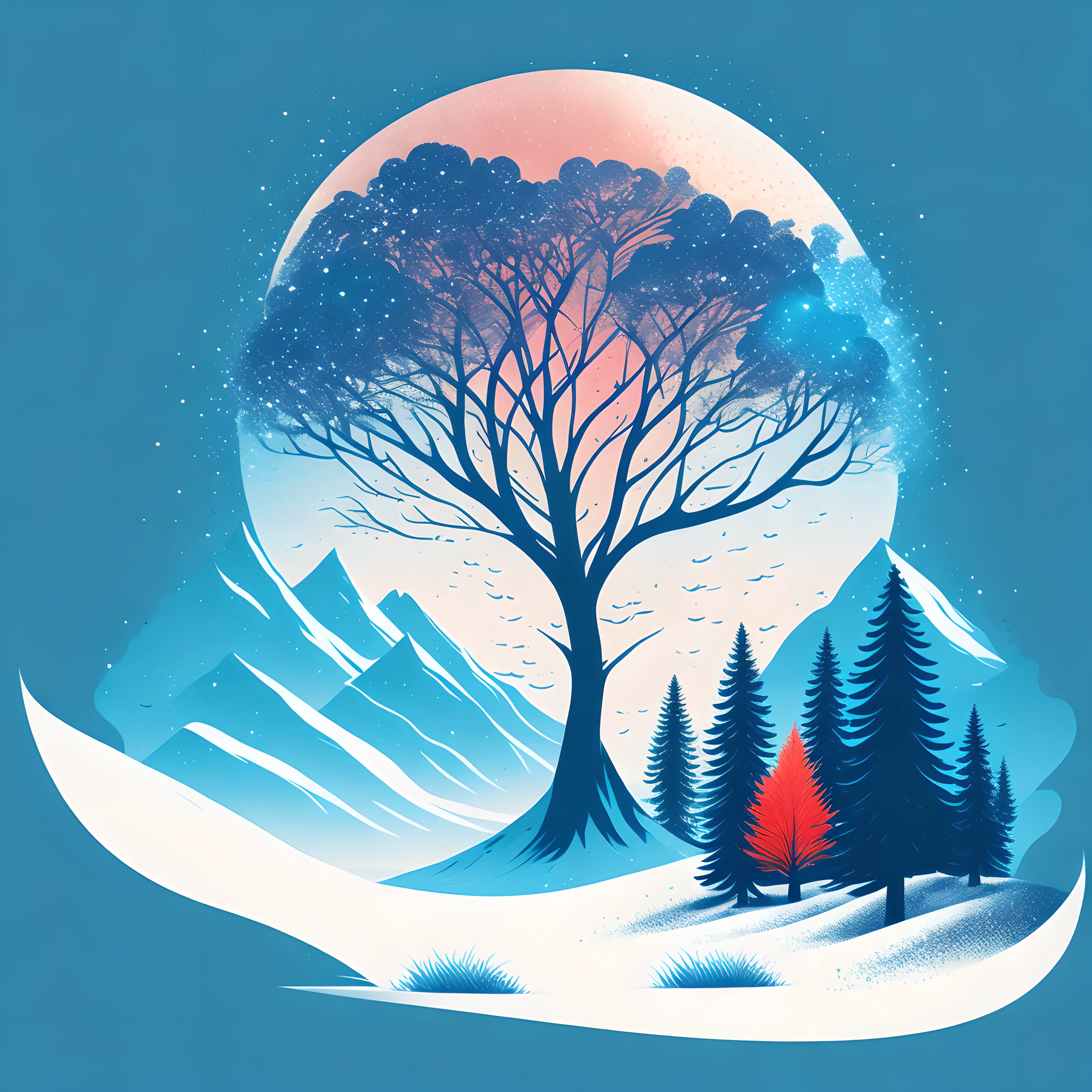 a spruice tree in a winter landscape, tshirt design, midijourney, vector-art