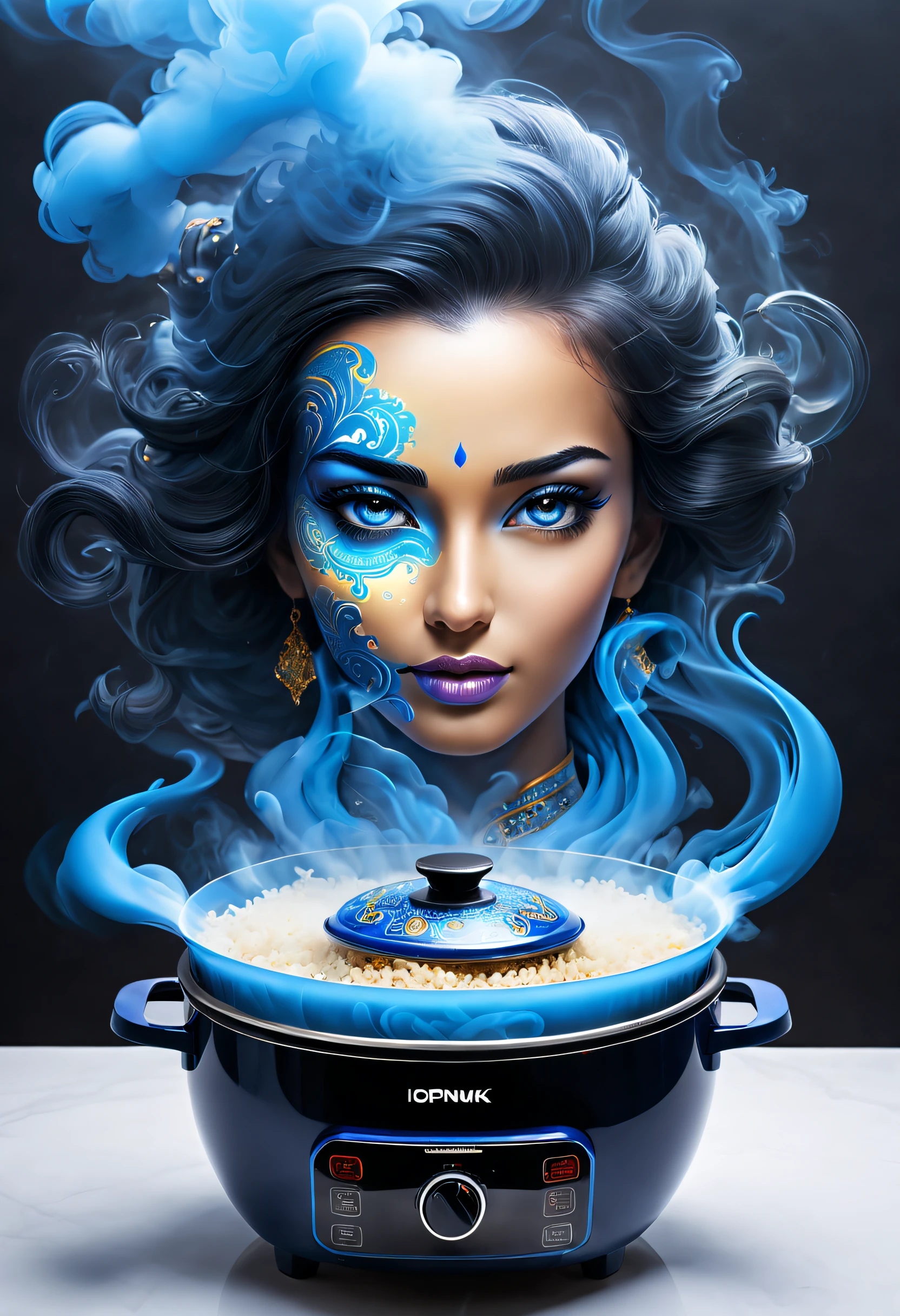 A puff of blue smoke comes out of the iopunk artificial intelligence rice cooker，Blue smoke forms a transparent goddess portrait，Inspired by One Thousand and One Nights，Inspired by Aladdin&#39;s magic lamp， Background with：kitchen wasteland, sci fi art, ，Excellent，Excellent，hyper realisitc，Thriller，