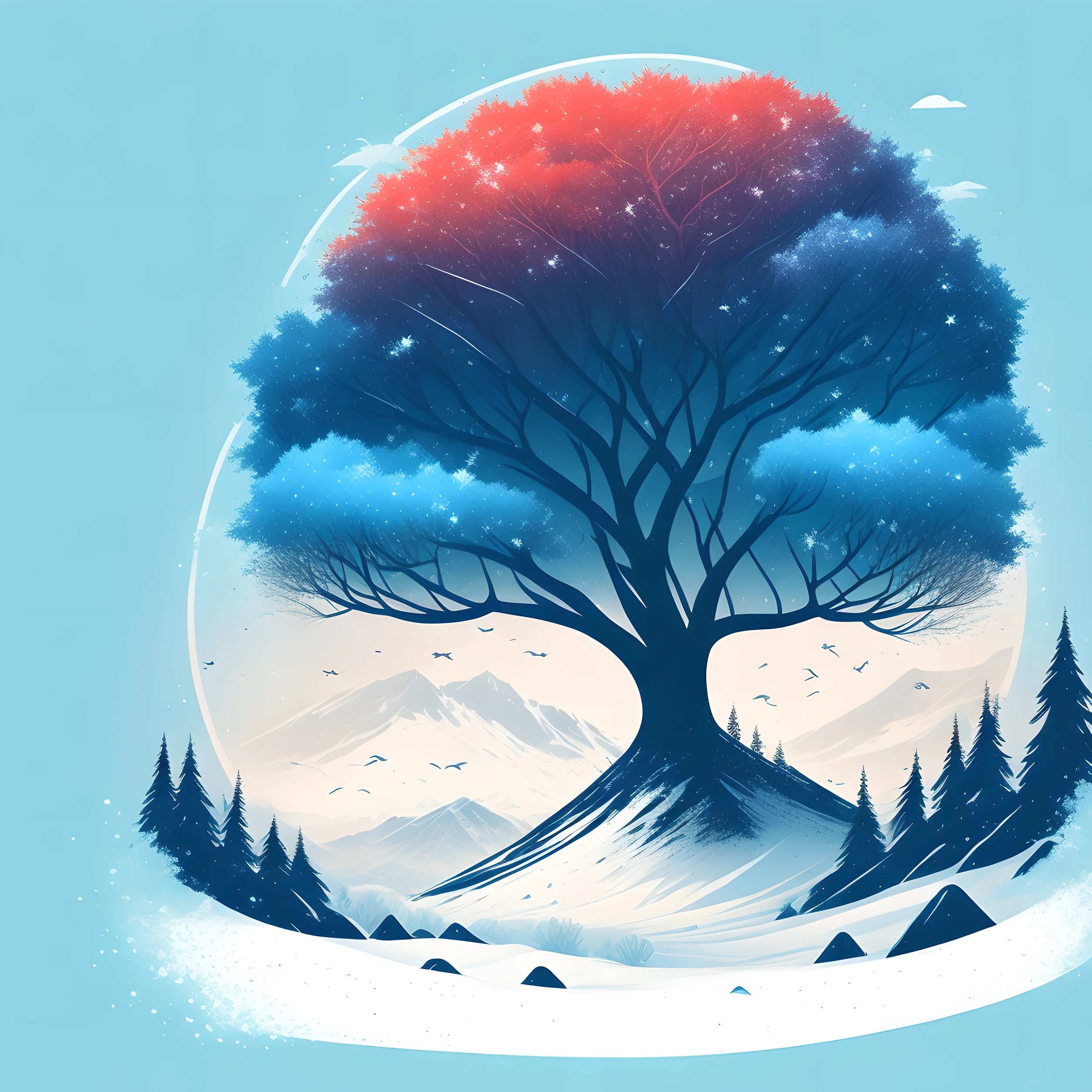 a spruice tree in a winter landscape, tshirt design, midijourney, vector-art