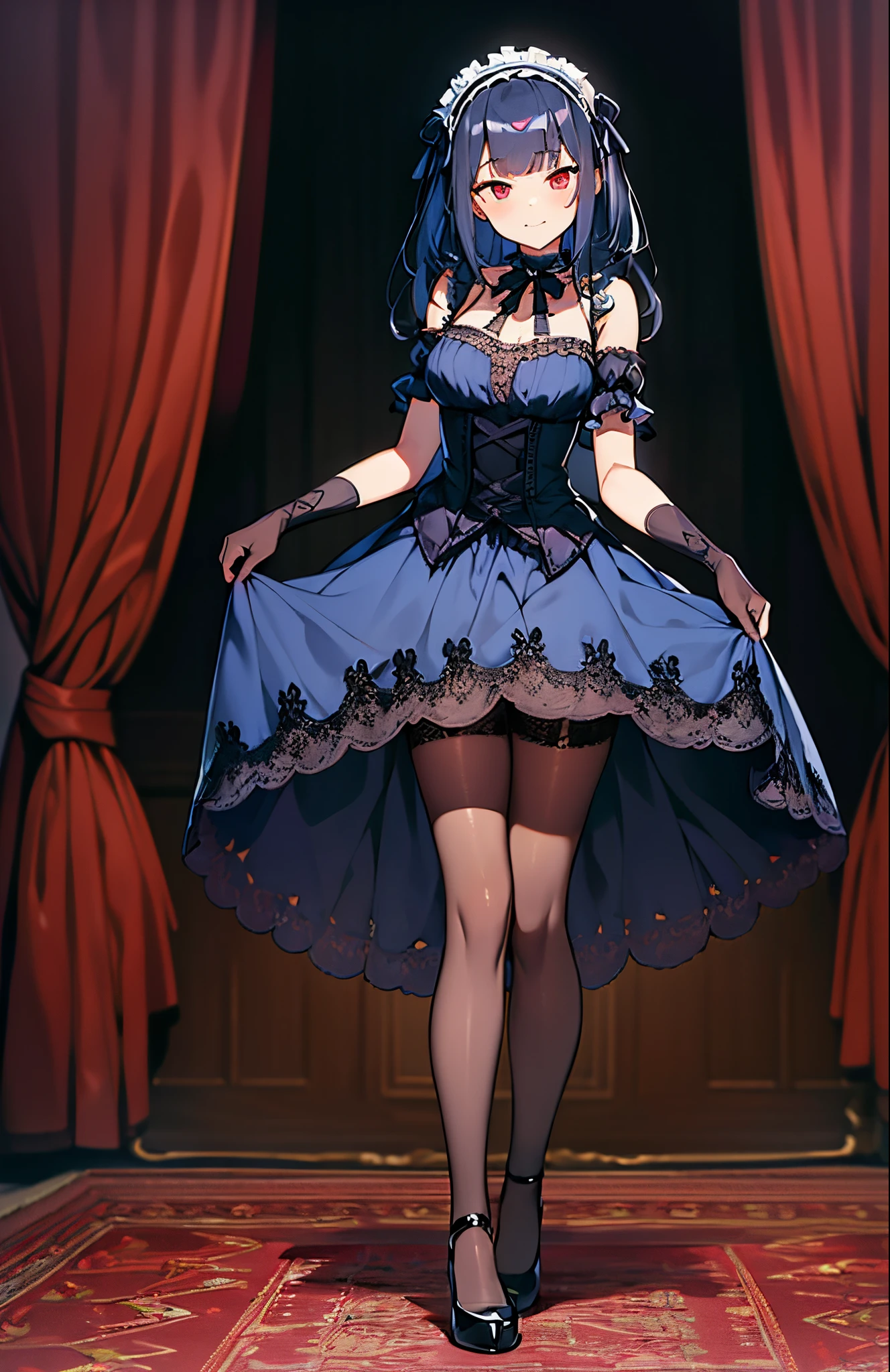 girl,beautiful face, medium hair, best quality, lolita hairband, living room, {{{gothic lolita}}}, facing viewer, expressionless, mind control, affectionate, mature female, messy hair, {{{dark blue hair}}}, ((blue hair)),medium breasts, red eyes, {{{black clothes}}}, lace-trimmed gloves, lace-trimmed dress, gothic, the pose, v arms, clenched hands, detailed eyes, full body, evil smile, elbow gloves, {{leg ribbon}}, frills, masterpiece,short sleeves, dark room, lace-trimmed sleeves, giggling, standing, see-through skirt, pantyhose, lolita fashion, juliet sleeves, evening, night, victorian, pigeon-toed,