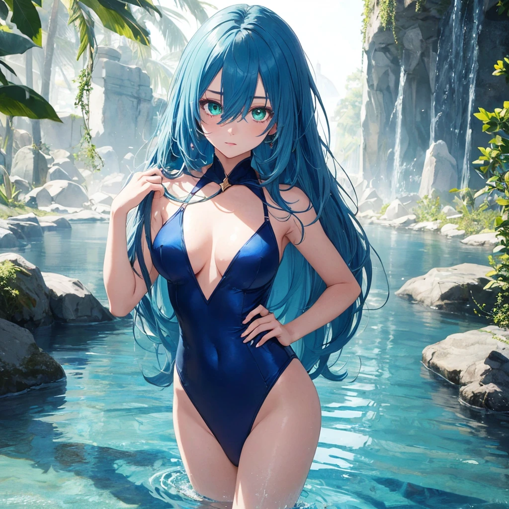 1girl blue_hair blue_skin eyebrows_visible_through_hair gemstone green_eyes hair_over_one_eye hand_on_hip lapis_lazuli_(su) long_hair looking_at_viewer solo standing watermark