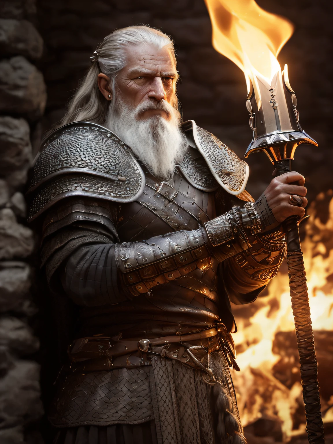 (Highest quality:1.3), cinematic shot, masterpiece, (sharp focus:1.5), (photorealistic:1.3),  medium portrait of (a weary-looking but still proud and fierce-looking old Viking warrior, now the leader of his village, dressed in elaborately detailed chain mail and leather armour, a few torches burn on the walls, giving the scene a dark atmosphere but sculpting the forms in sharp chiaroscuro), it is night time, (highly detailed skin),  (detailed face), detailed background, dark lighting, twilight lighting, volumetric lighting,  intricate details, UHD,